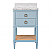  Issac Edwards 24" Bathroom Vanity in Matte Light Blue Lacquer with Open Cane Shelf, White Marble Top, Porcelain Sink, and Antique Brass Ring Hardware