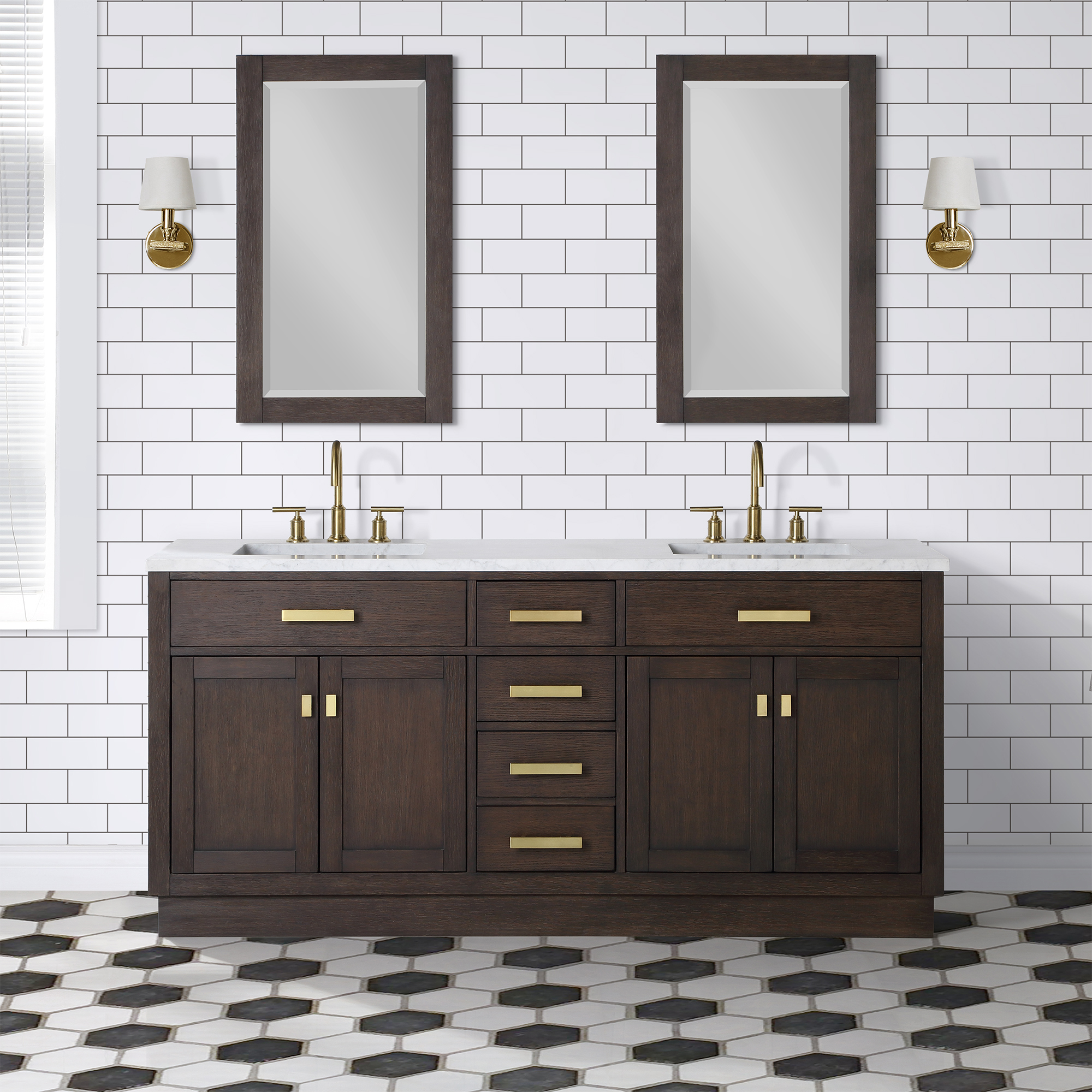 72" Brown Oak Double Bathroom Vanity with Seamless Italian Carrara
