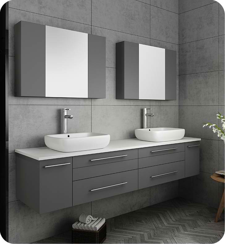 72" Gray Wall Hung Double Vessel Sink Modern Bathroom Vanity with