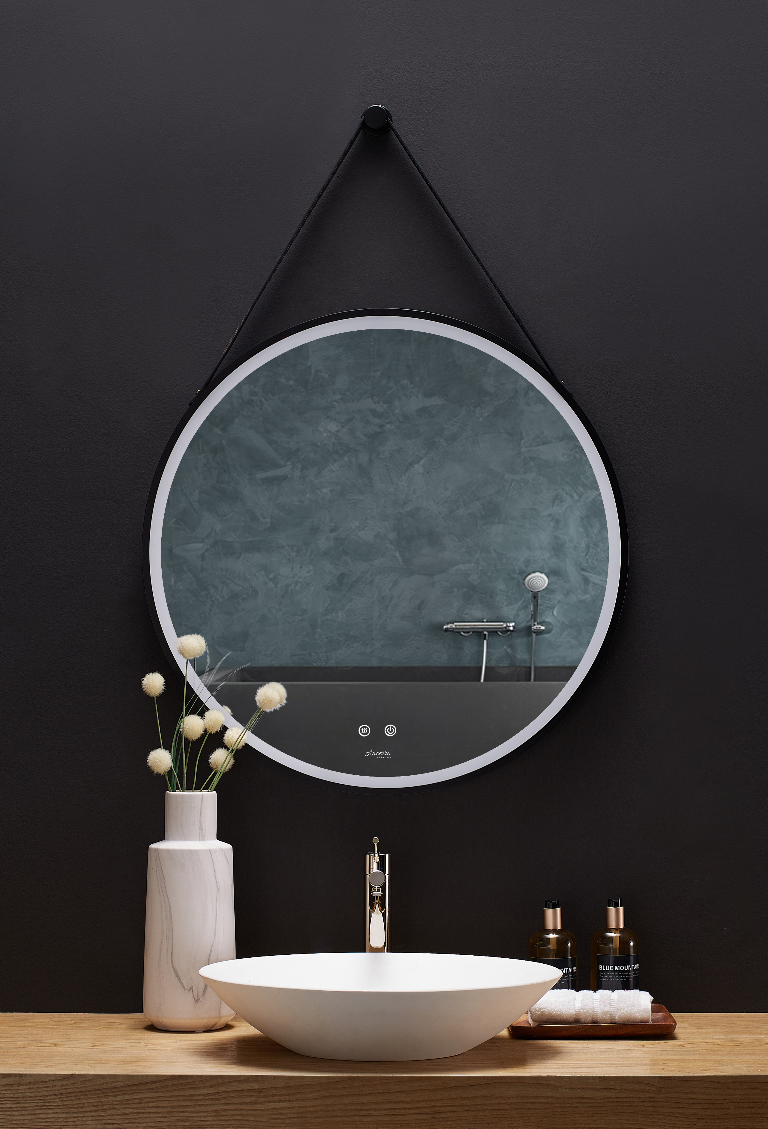 Ancerre Designs Sangle 30 in. Round LED Black Framed Mirror with Defogger and Vegan Leather Strap