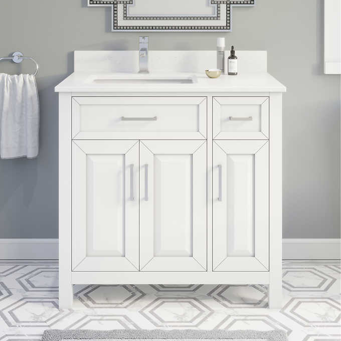 Issac Edwards 36 Single Sink Vanity White Finish With Cultured Marble Countertop Matching Backsplash - 36 In White Single Sink Bathroom Vanity With Cultured Marble Top