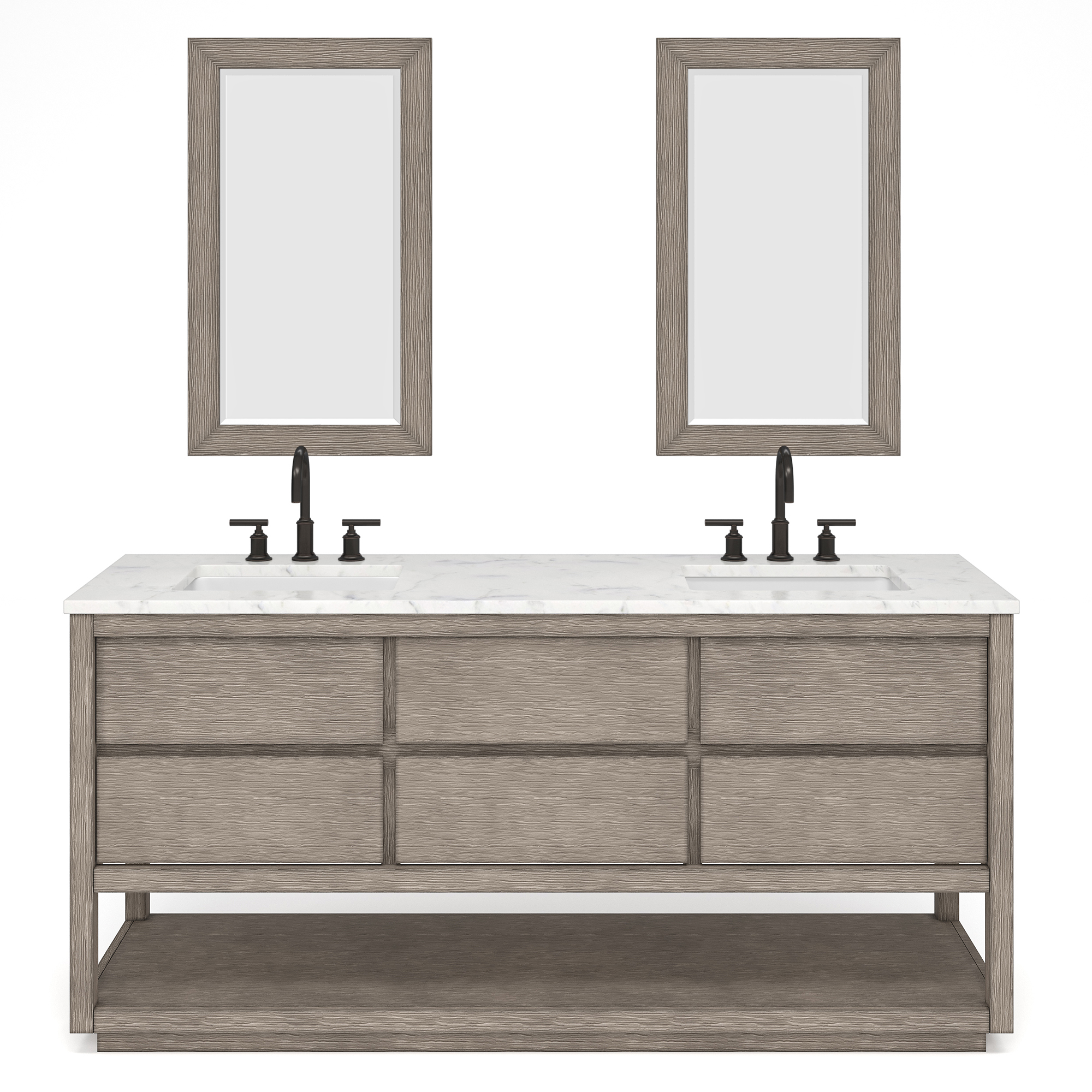 Bath Vanity with White Marble Top in Grey Cerused Oak with Hardware and Backsplash Option