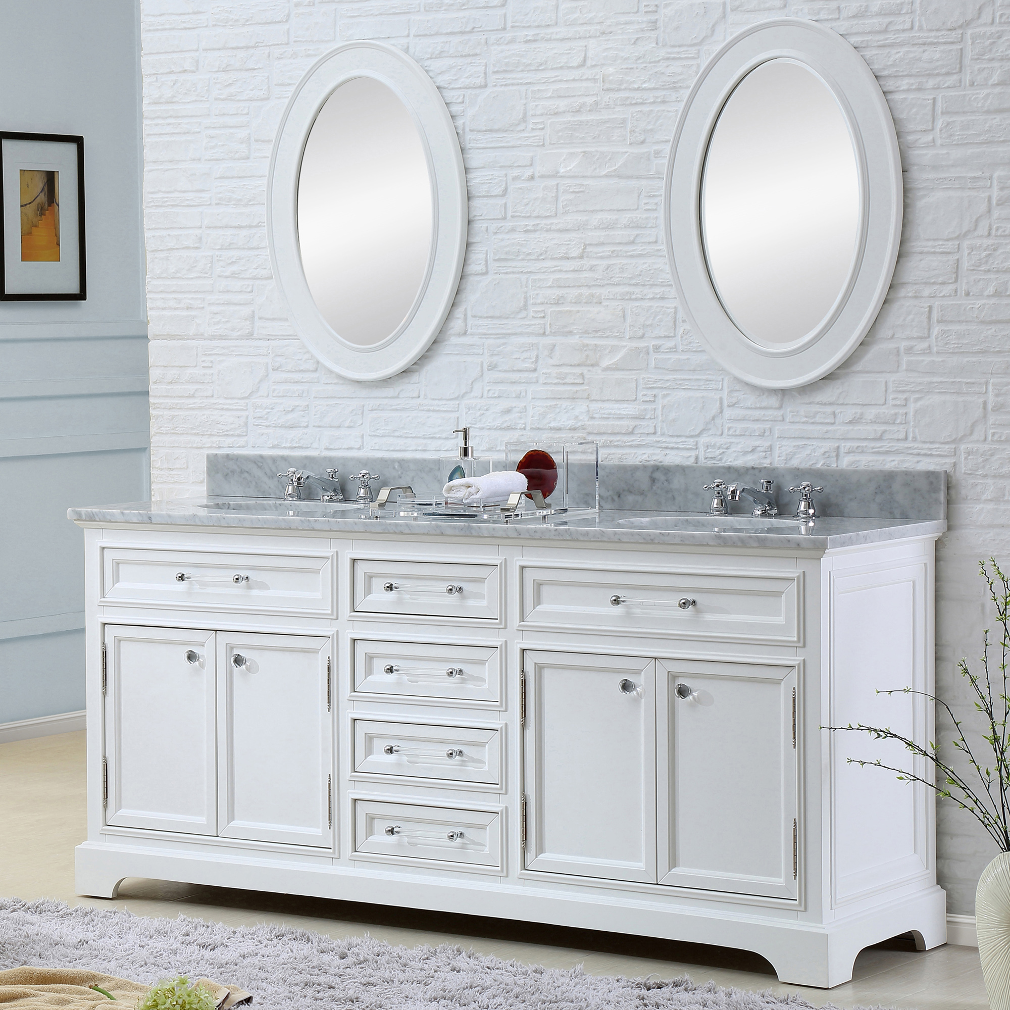 72" Pure White Double Sink Bathroom Vanity with Carrara