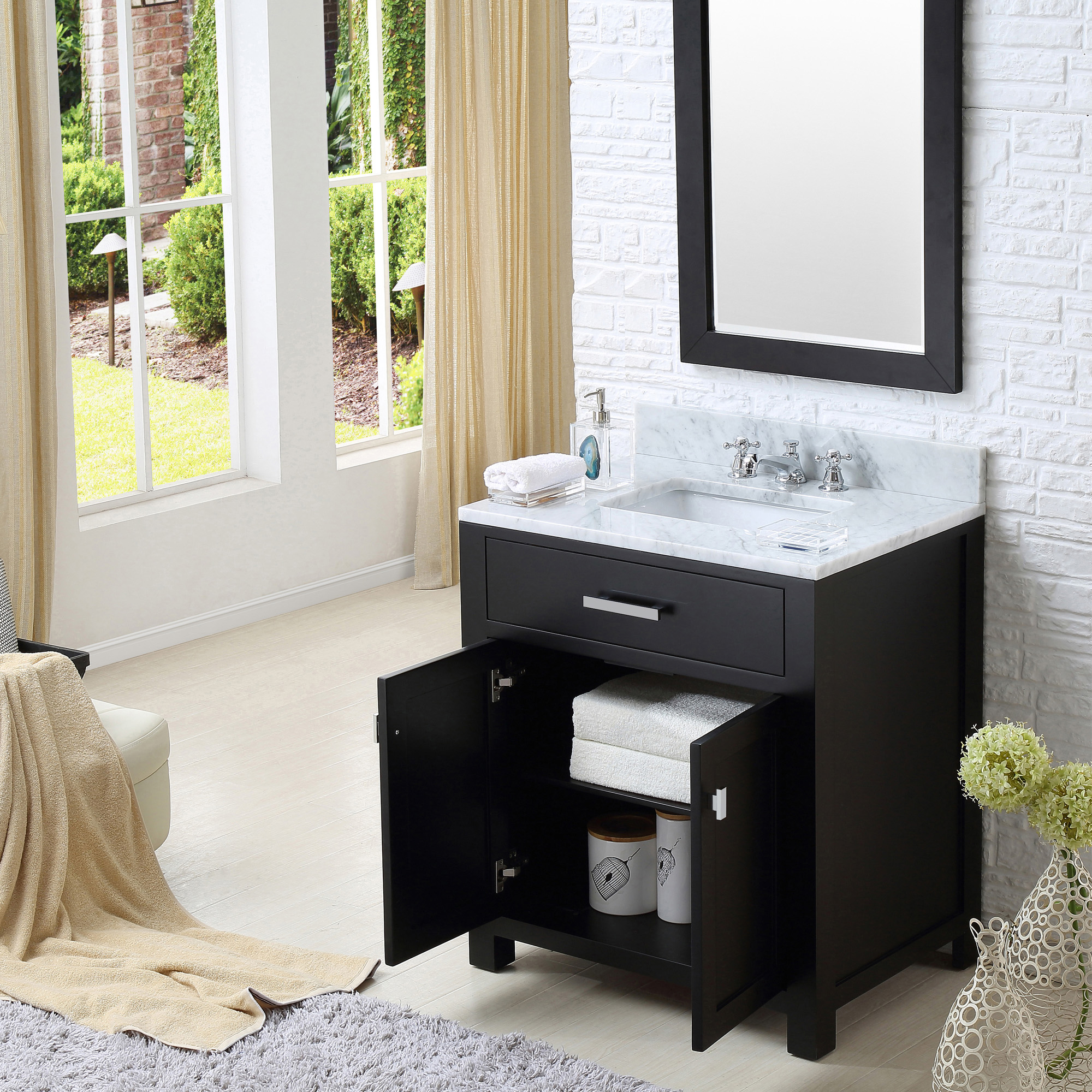 30 Espresso Single Sink Bathroom Vanity With White Carrara Marble Top