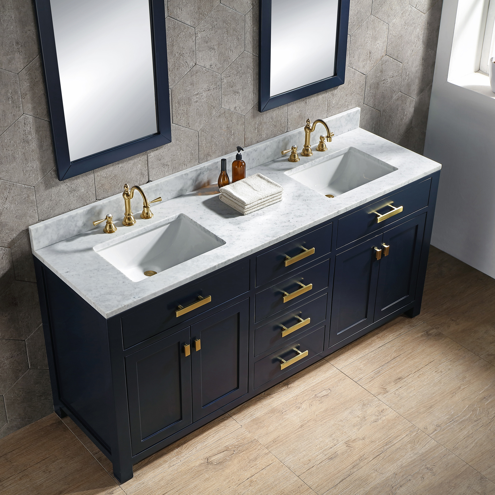 72" Double Sink Carrara White Marble Vanity In Monarch Blue Color - 2 1439