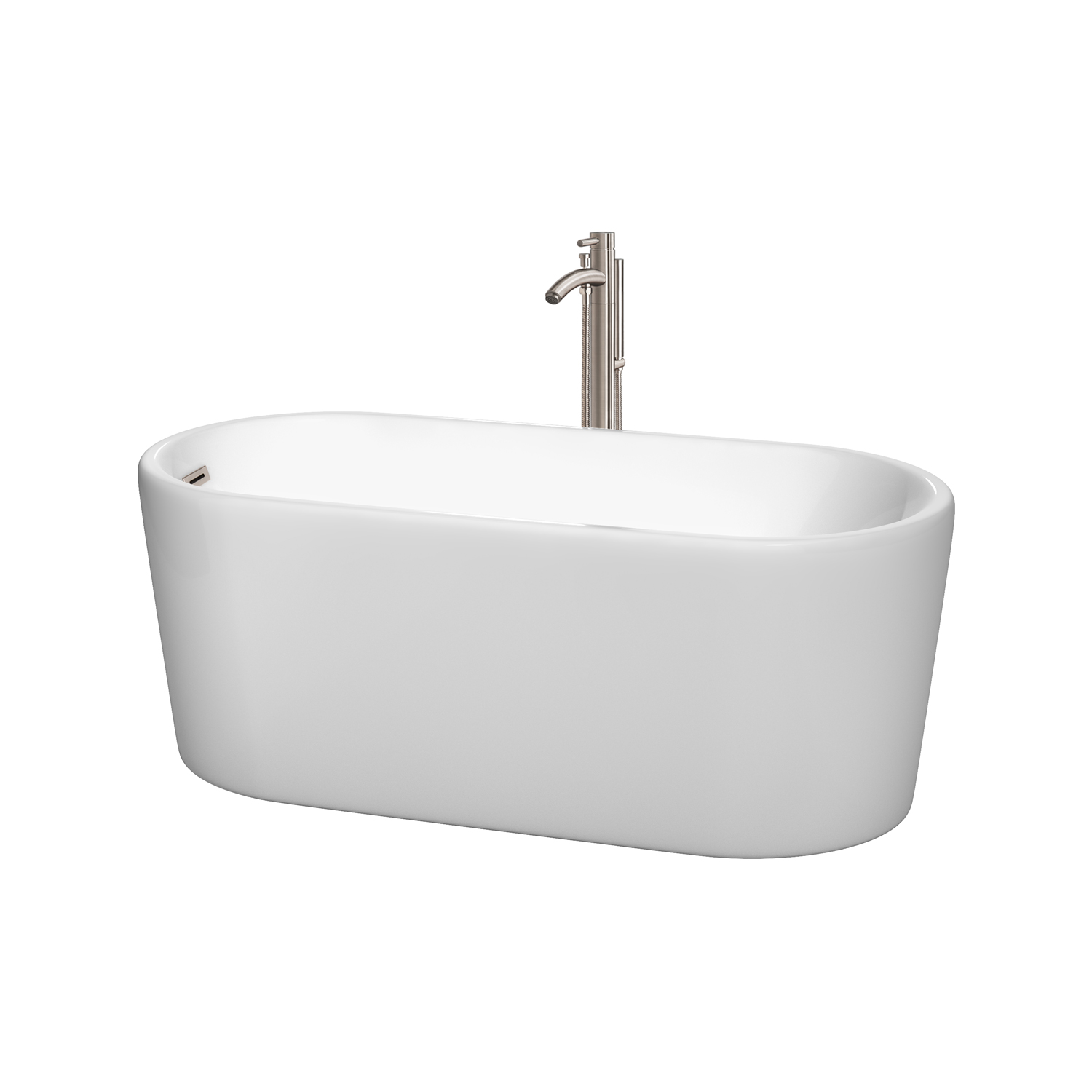 59" Freestanding Bathtub in White with Brushed Nickel Drain and