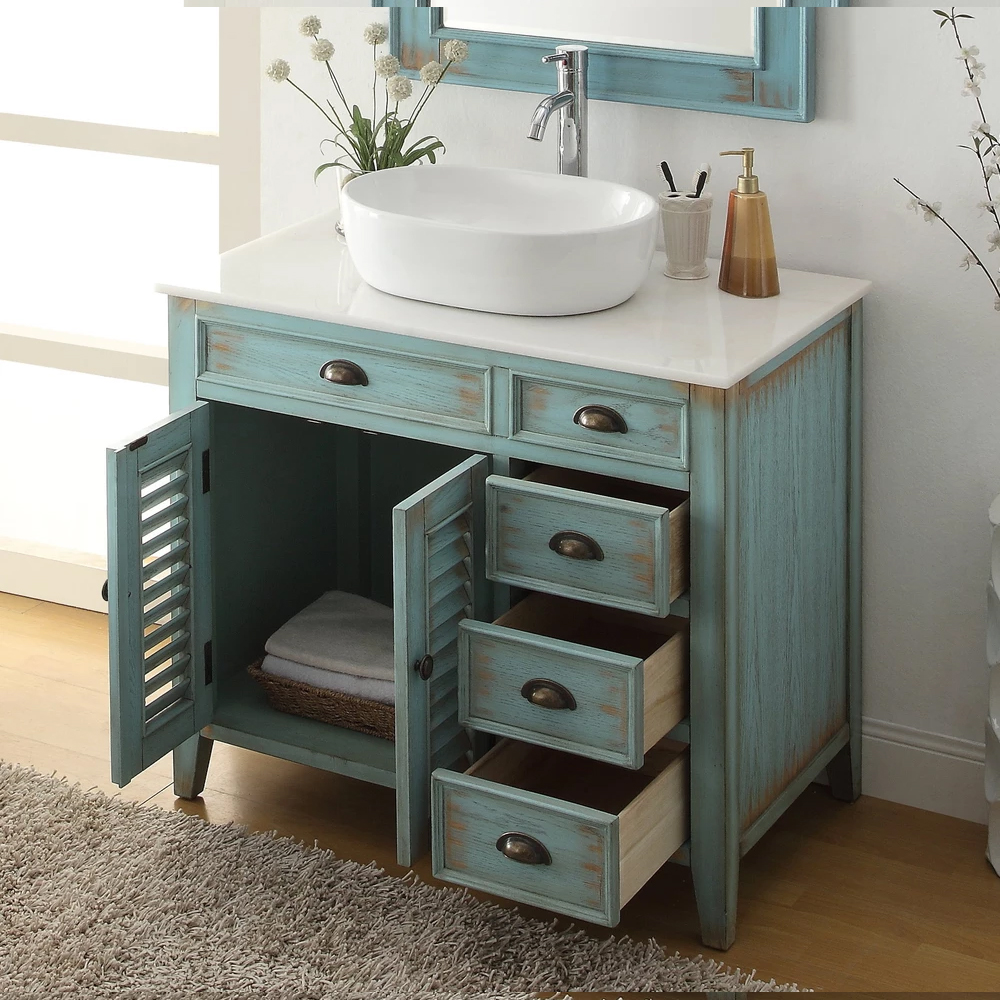 36" Distress Blue Vessel Sink Bathroom Vanity with White Over Mounted