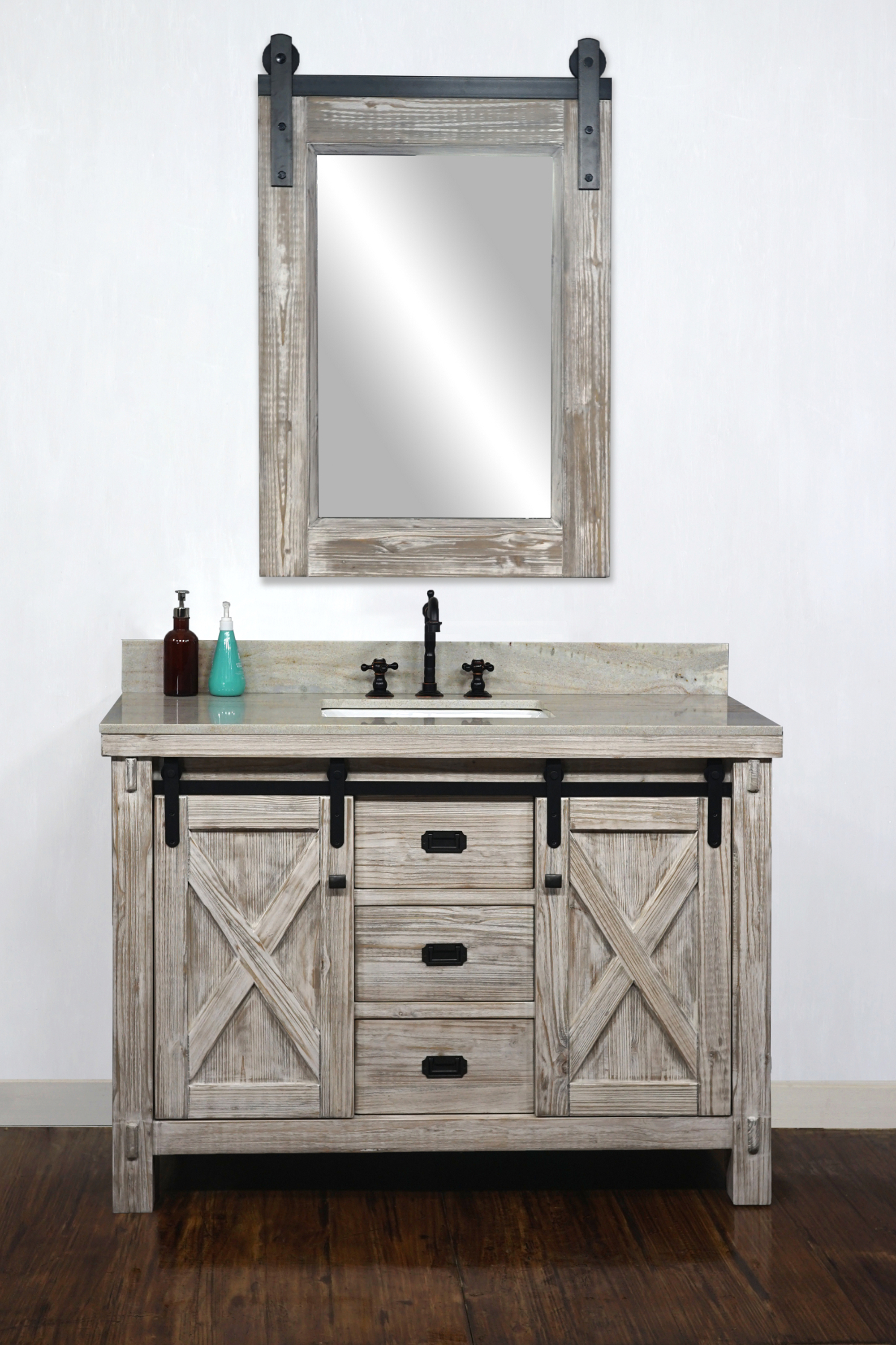 48" Rustic Solid Fir Barn Door Style Single Sink Vanity in White Washed
