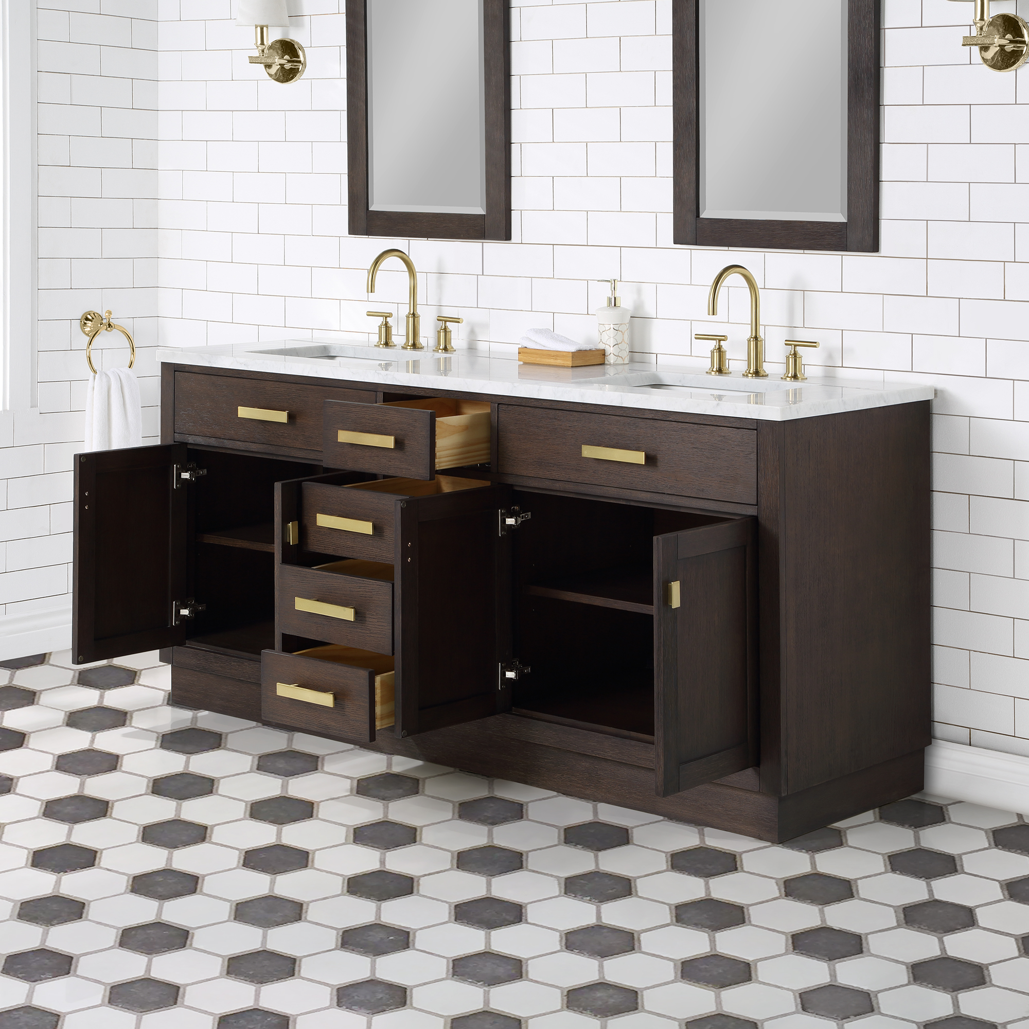 72" Brown Oak Double Bathroom Vanity with Seamless Italian Carrara