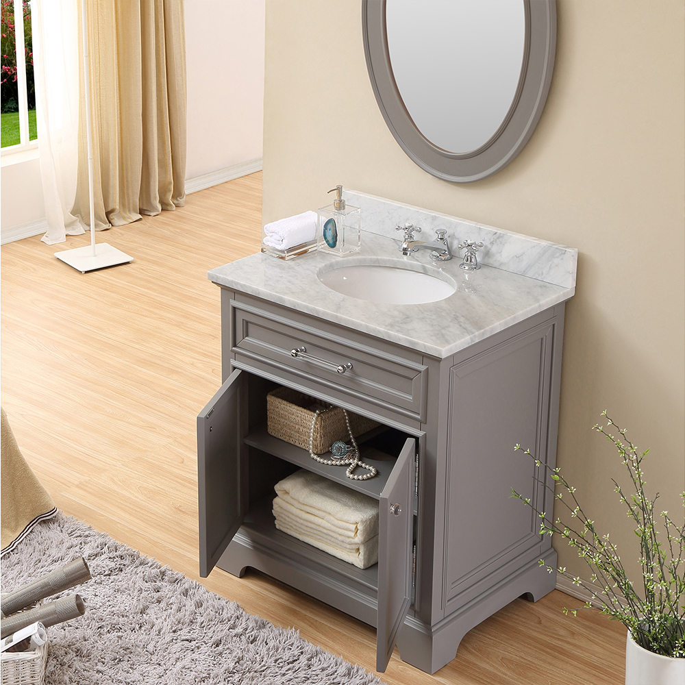 30 Cashmere Grey Single Sink Bathroom Vanity With White Carrara Marble Top