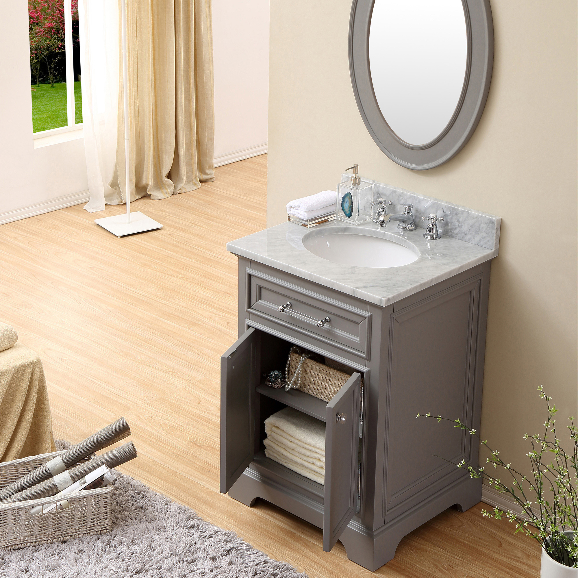 24" Cashmere Grey Single Sink Bathroom Vanity with White Carrara Marble Top