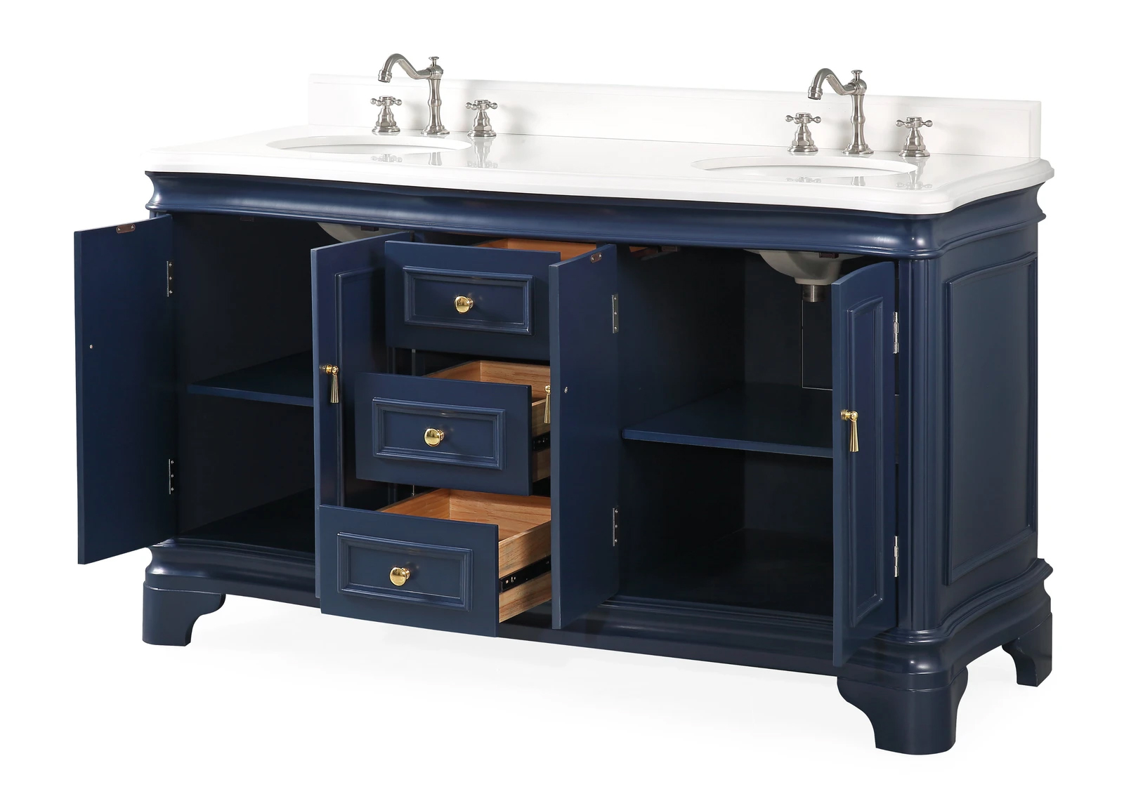 Double Sink Navy Blue Bathroom Vanity, 60 Inch Double Vanity With Quartz Top
