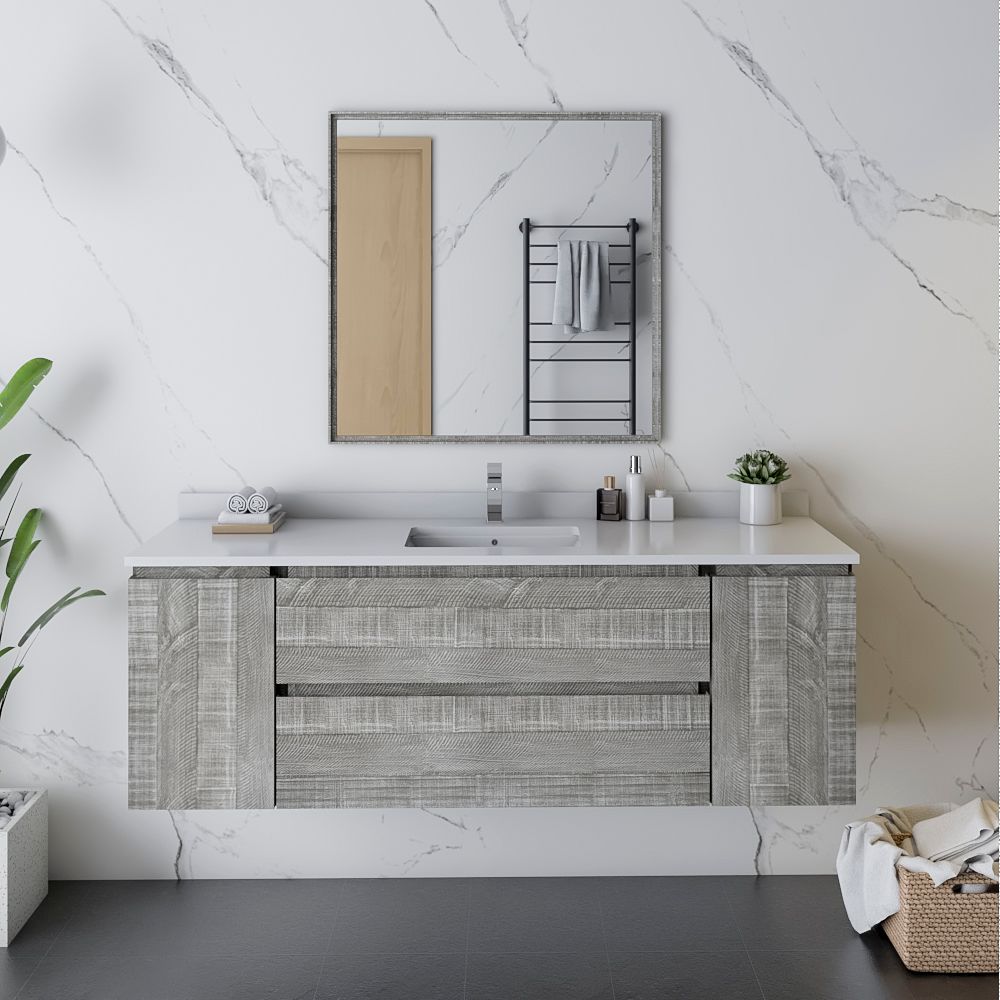 60" Wall Hung Single Sink Modern Bathroom Cabinet w/ Top & Sink in Ash