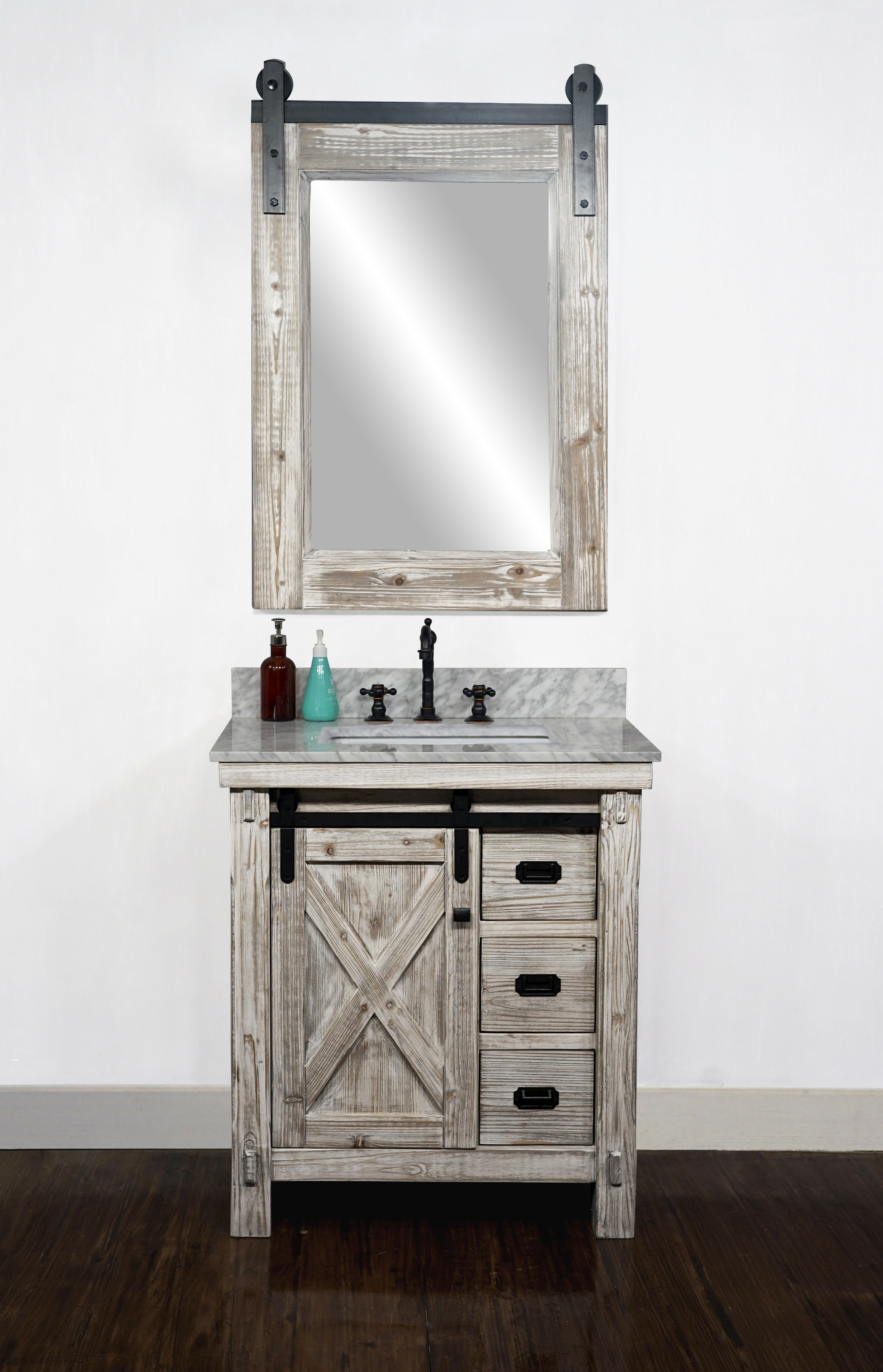 30" Rustic Solid Fir Barn Door Style Single Sink Vanity in White Washed