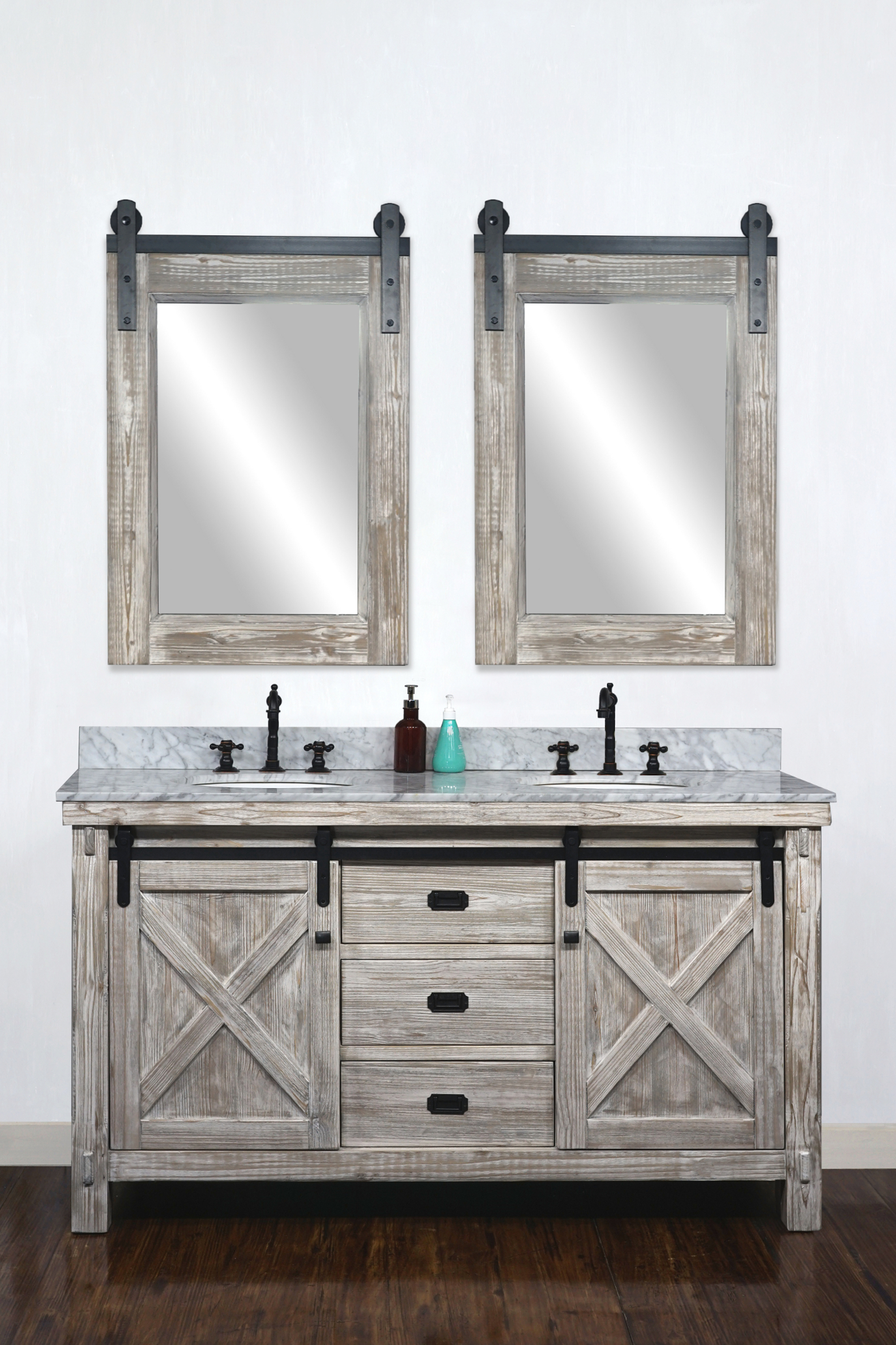 60" Rustic Solid Fir Barn Door Style Double Sink Vanity in White Washed