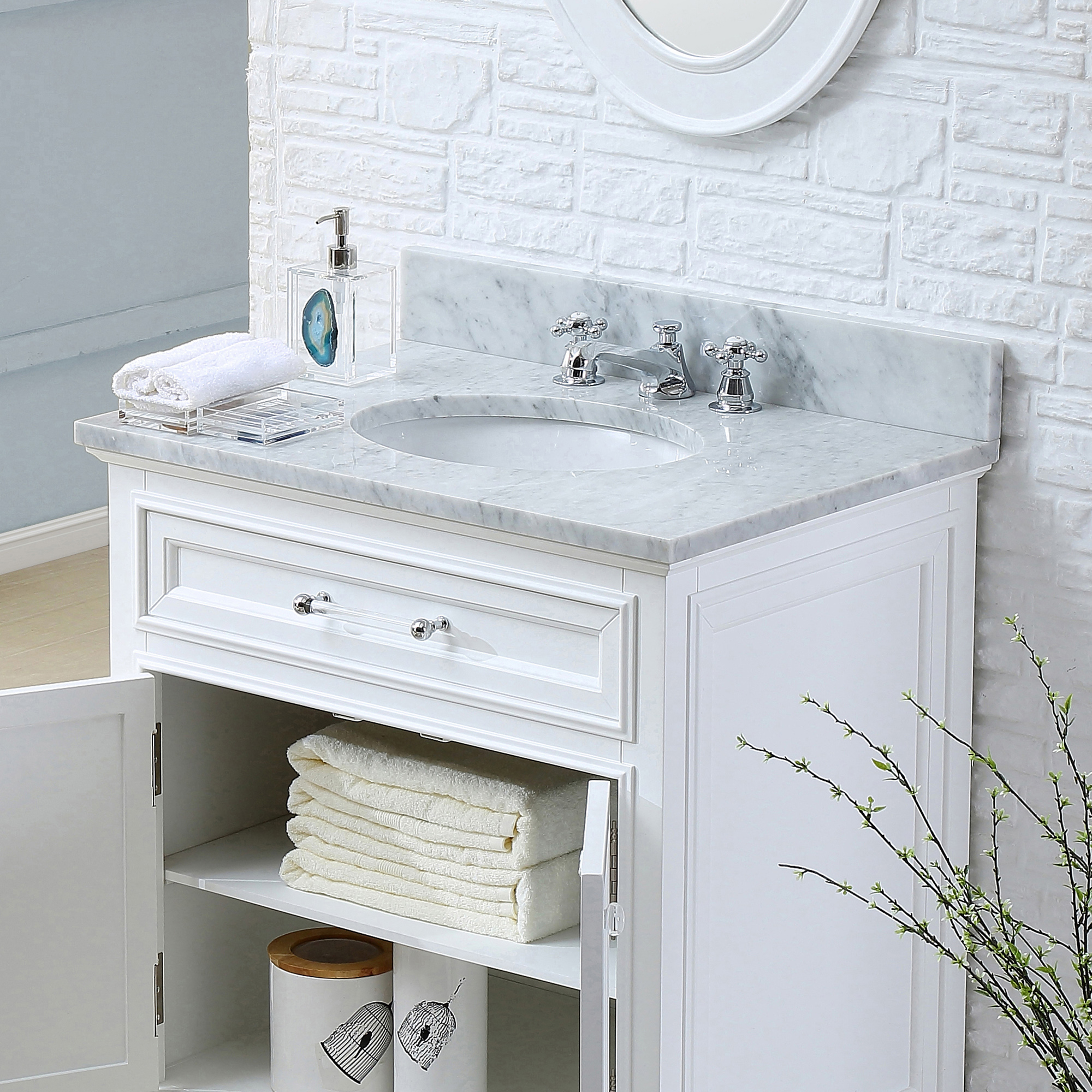 24" Pure White Single Sink Bathroom Vanity with White