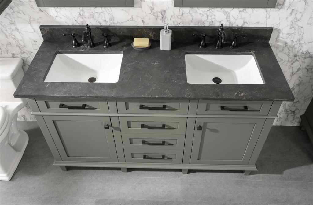 60 Double Sink Vanity Cabinet Pewter, Green Vanity Top
