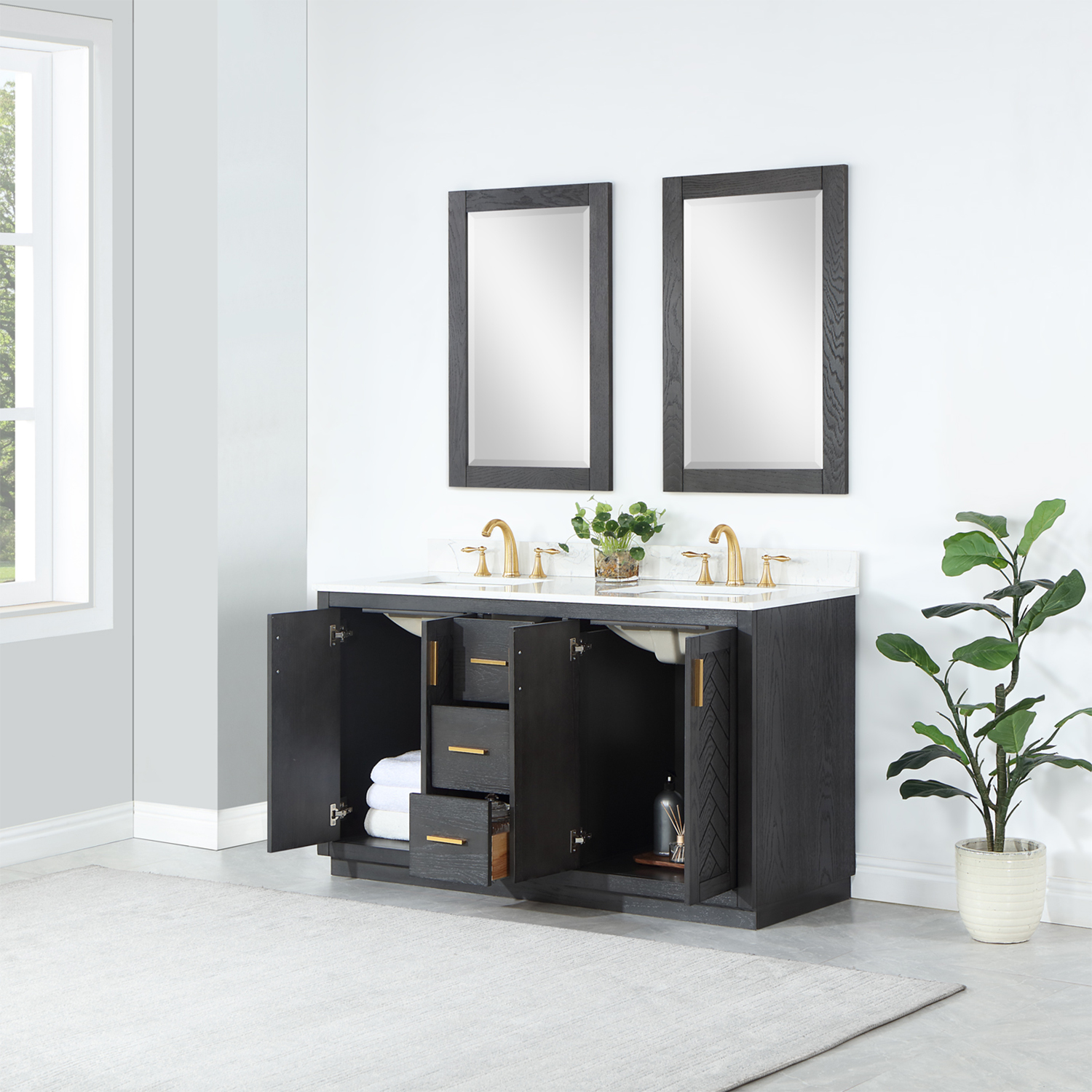  Issac Edwards Collection 60" Double Bathroom Vanity Set in Brown Oak with Grain White Composite Stone Countertop without Mirror