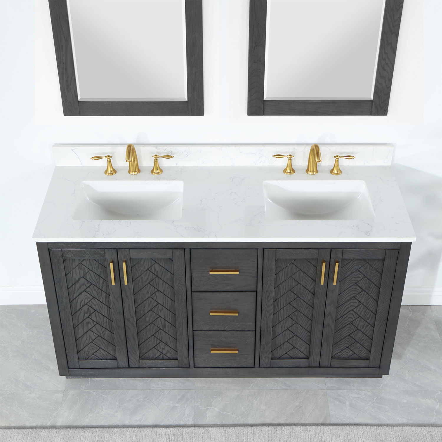  Issac Edwards Collection 60" Double Bathroom Vanity Set in Brown Oak with Grain White Composite Stone Countertop without Mirror