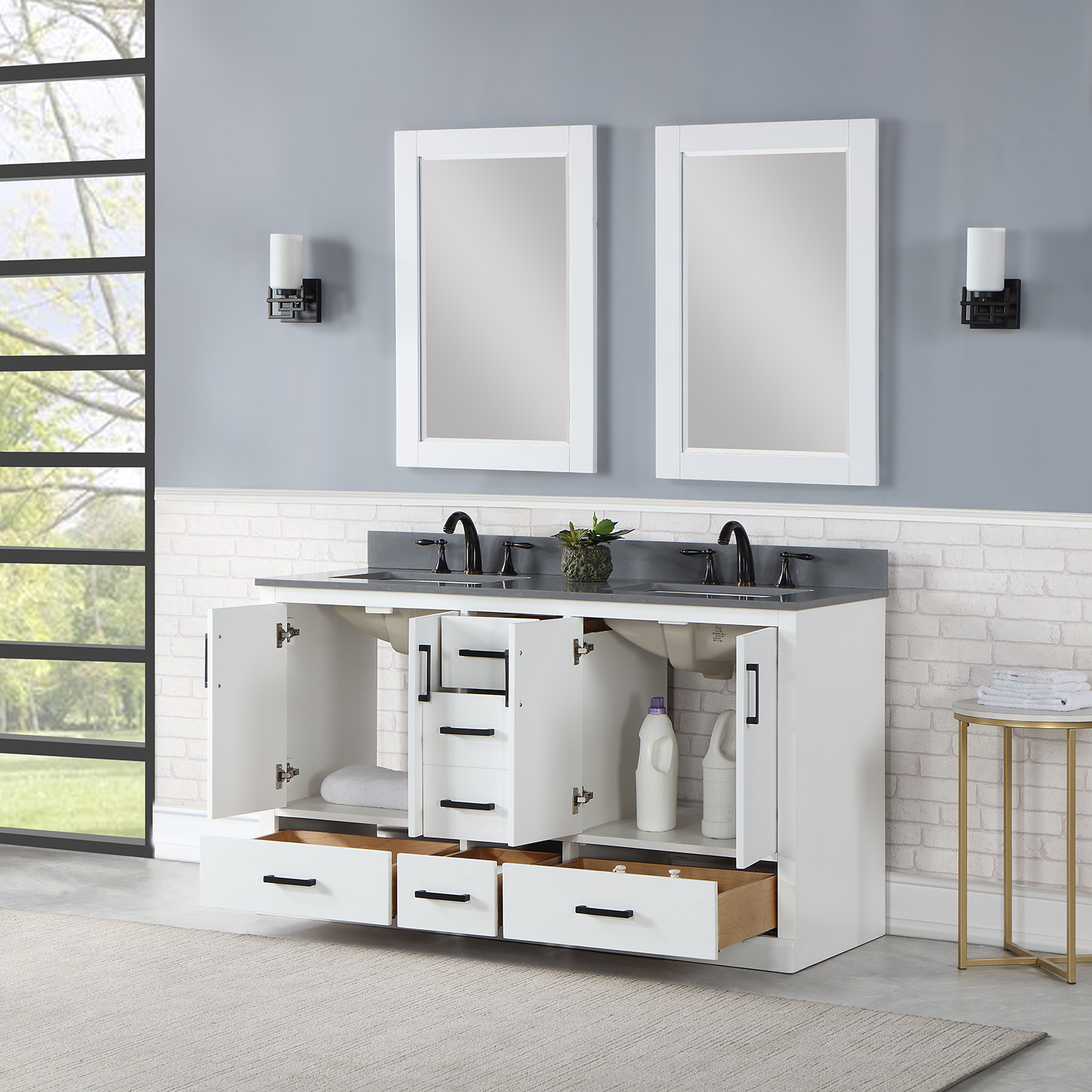  Issac Edwards Collection 60" Double Bathroom Vanity Set in White with Concrete Grey Composite Stone Countertop without Mirror