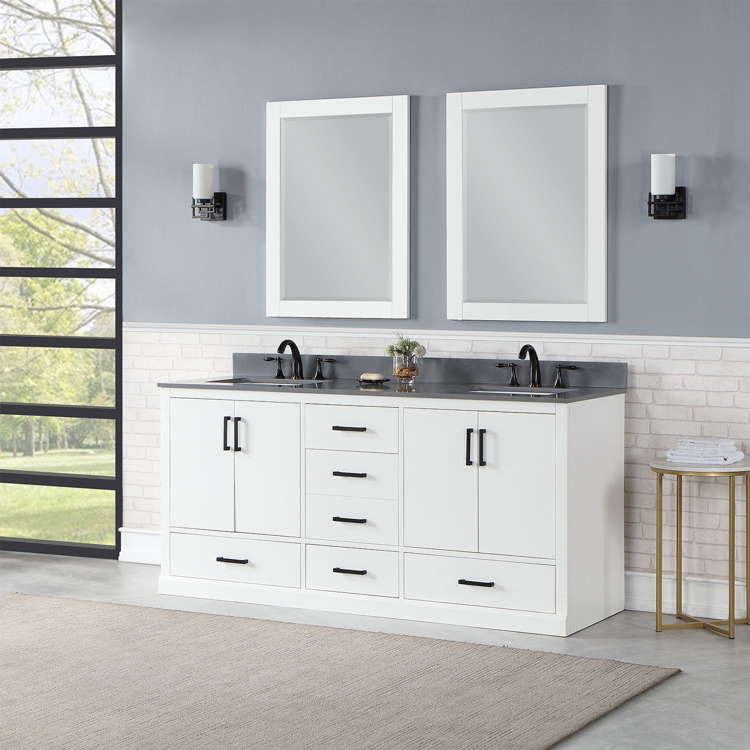 Issac Edwards Collection 72" Double Bathroom Vanity Set in White with Concrete Grey Composite Stone Countertop without Mirror