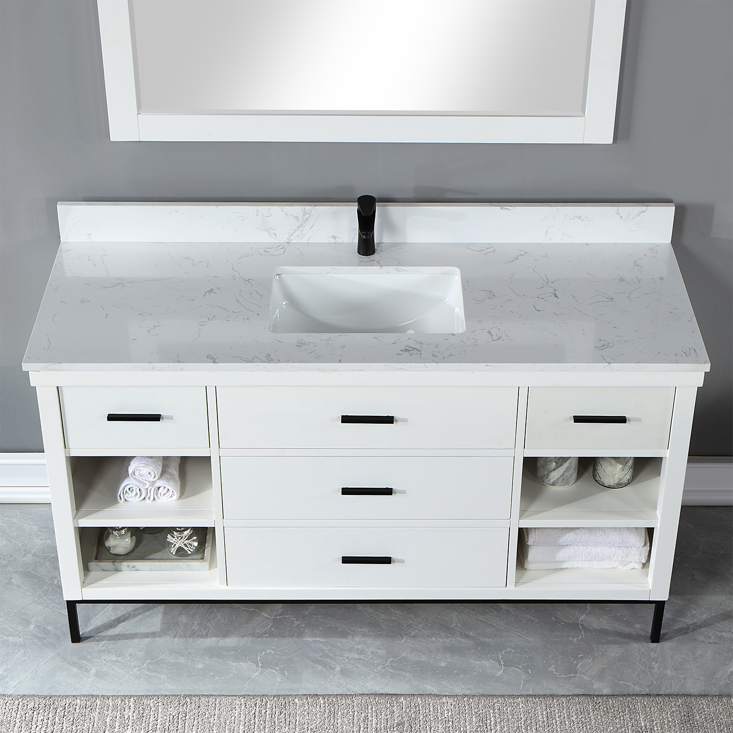 Issac Edwards Collection 60" Single Bathroom Vanity Set in White with Carrara White Composite Stone Countertop without Mirror
