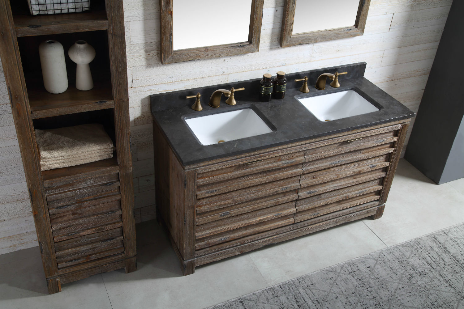60 Inch Distressed Wood Double Bathroom Vanity Stone Countertop