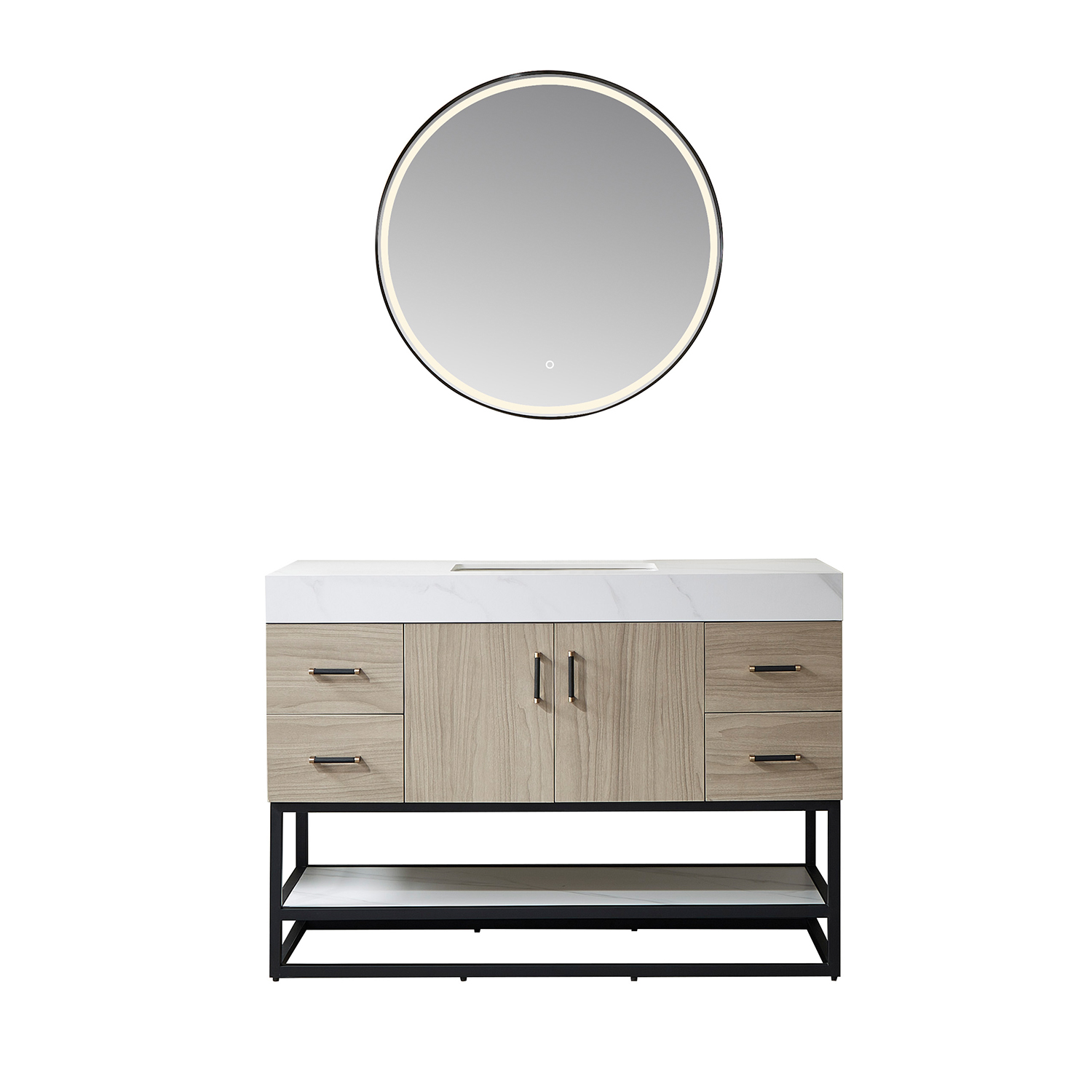 8" Single Sink Bath Vanity in Weathering Walnut with White Composite Grain Countertop and Mirror