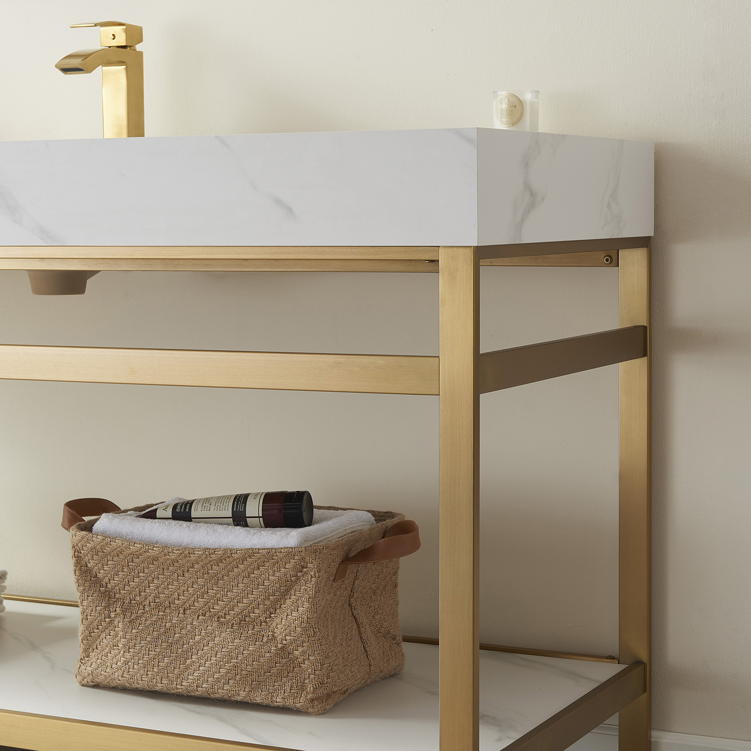 48" Single Sink Bath Vanity in Brushed Gold Metal Support with White Sintered Stone Top