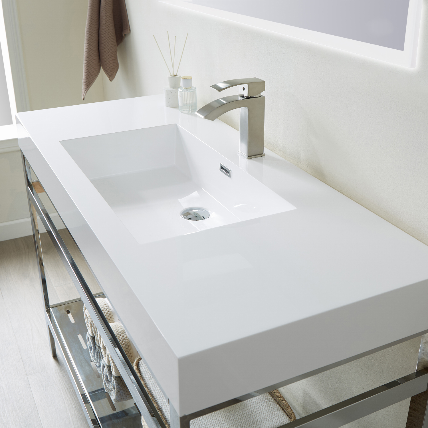 48" Single Sink Bath Vanity in Polish Chrome Metal Support with White One-Piece Composite Stone Sink Top