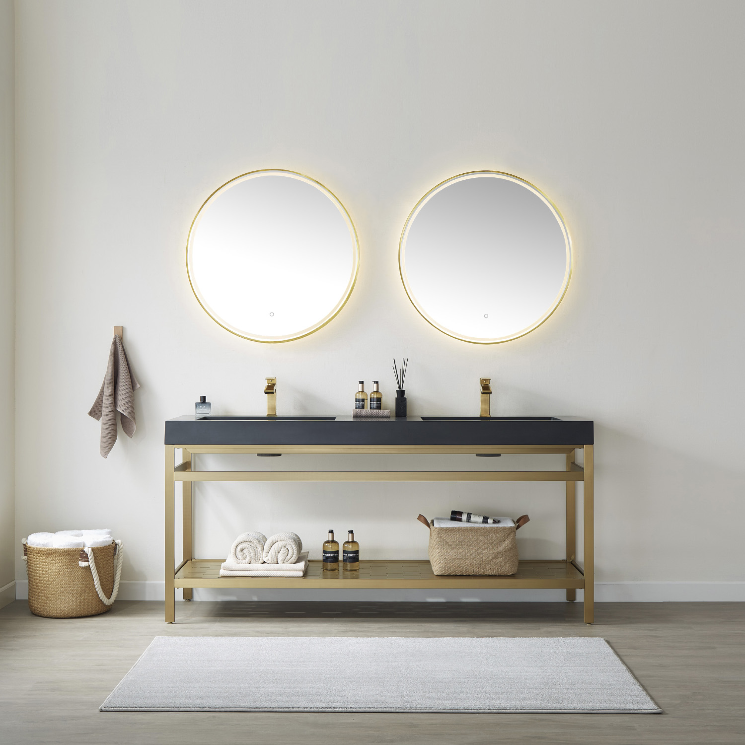 72" Double Sink Bath Vanity in Brushed Gold Metal Support with Black One-Piece Composite Stone Sink Top