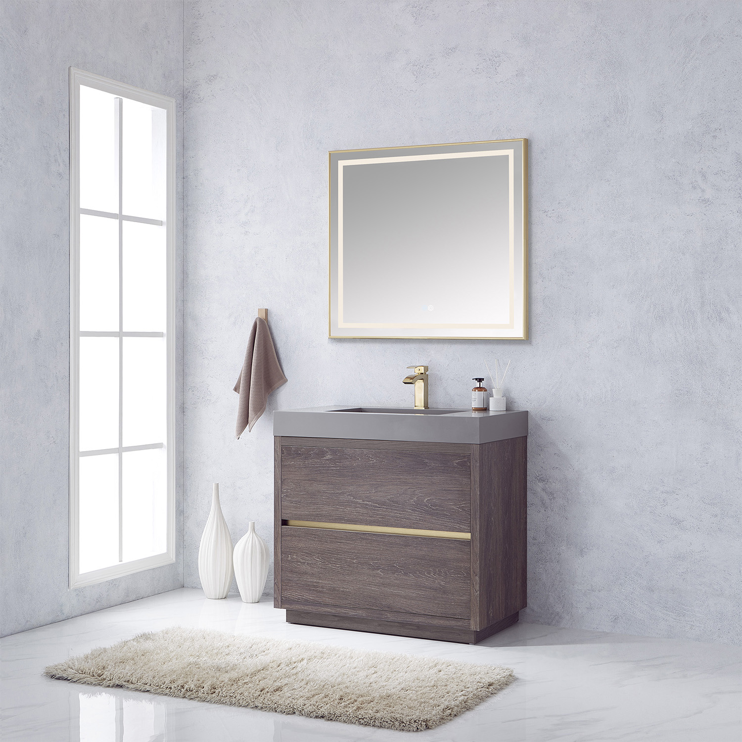 36" Single Sink Bath Vanity in North Carolina Oak with Grey Composite Integral Square Sink Top