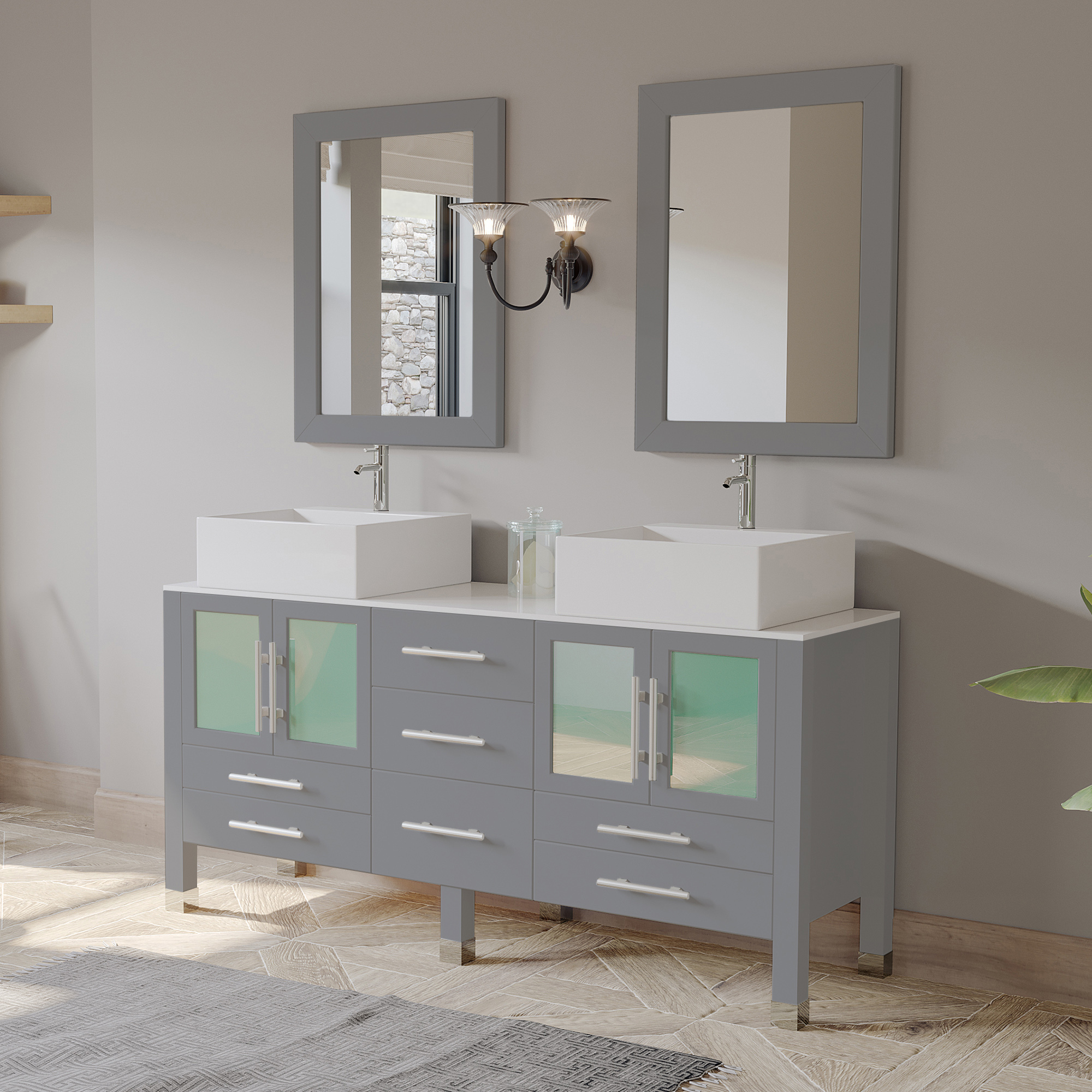 63 Double Sink Bathroom Vanity Set In Gray Cabinet Finish