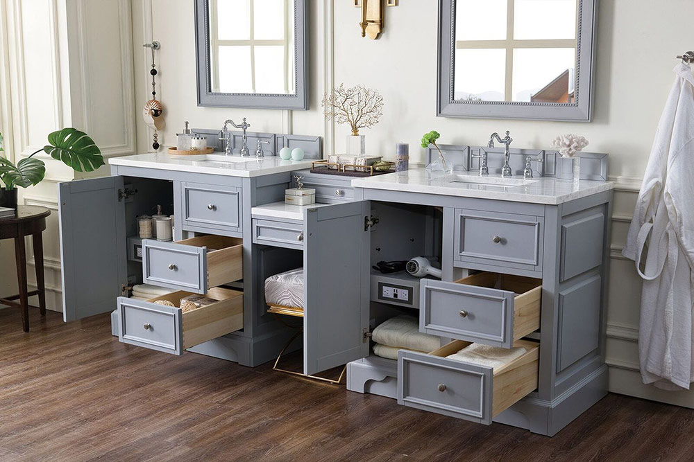 Isaac Edwards Collection 94" Double Vanity Set, Silver Gray with Makeup Table, 3 CM Optional Top