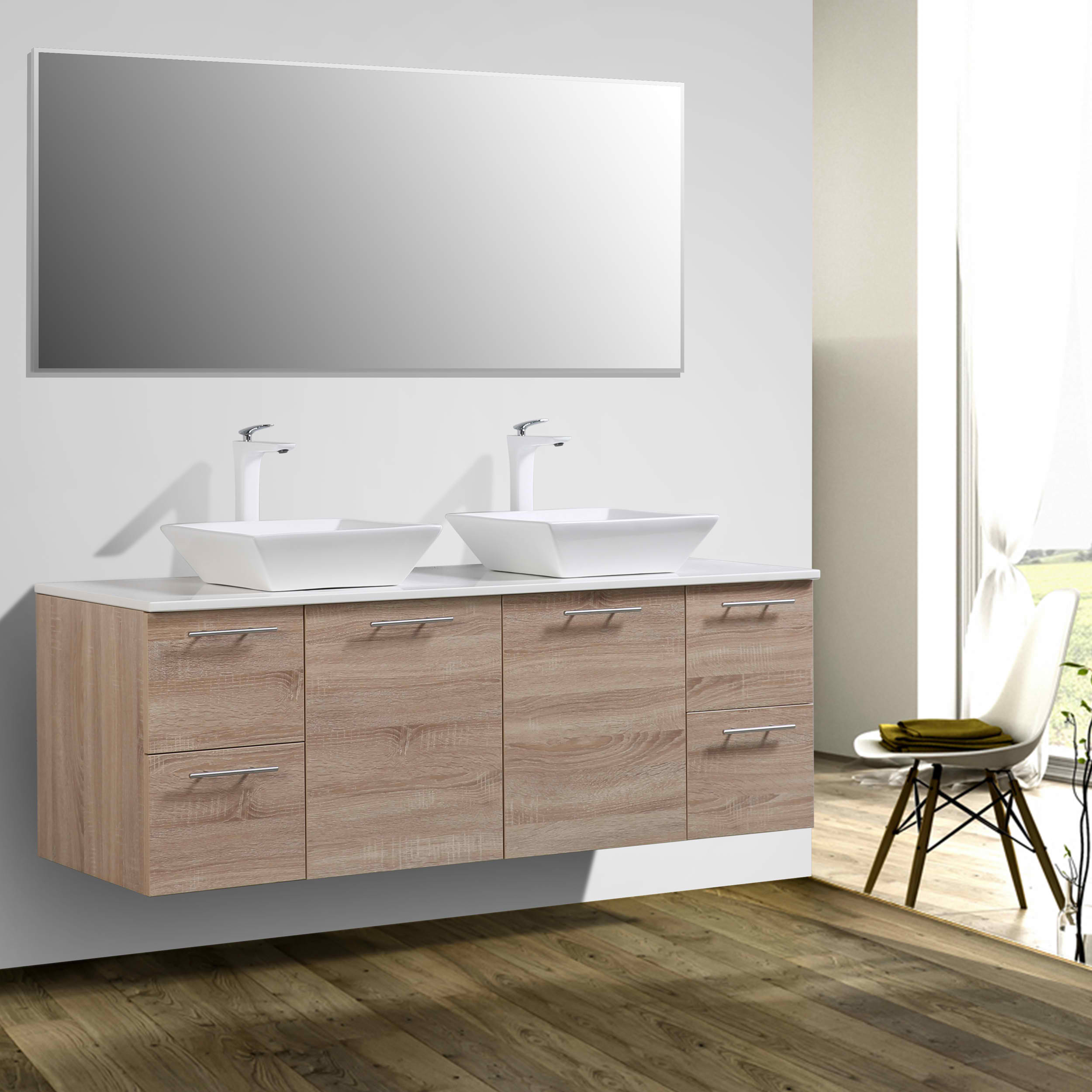 Luxury 60" White Oak Wall Mounted Bathroom Vanity with Glassos Top and Double Vessel Sinks
