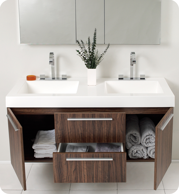 54 Walnut Modern Double Sink Bathroom, Modern Double Vanity Sink