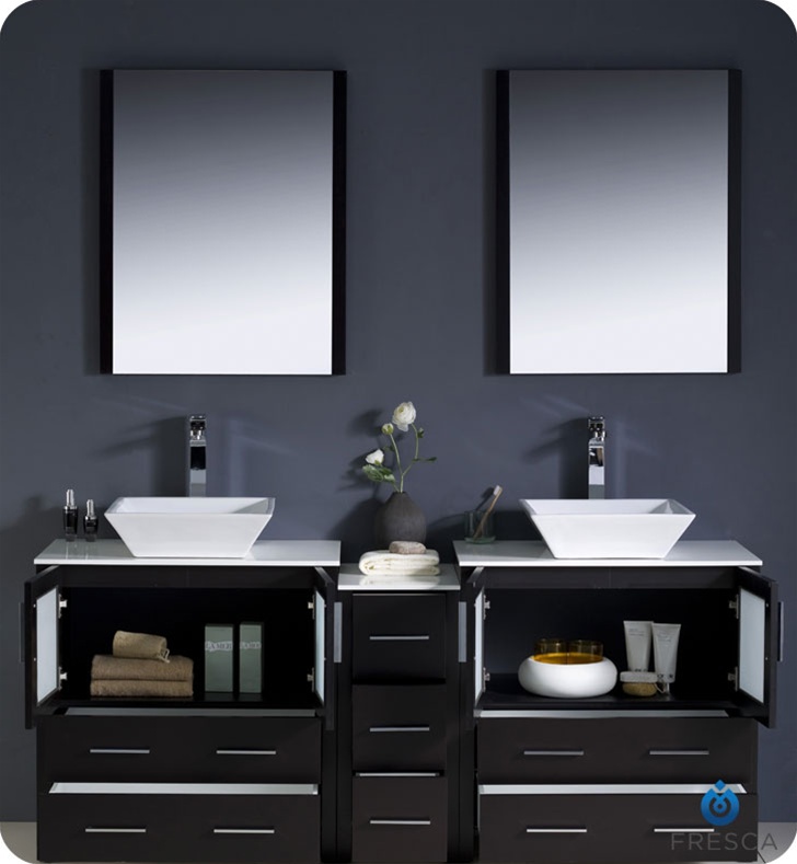 72" Inch Bathroom Vanity Cabinet Glass Top Ceramic Vessel Sink Brown White Black 