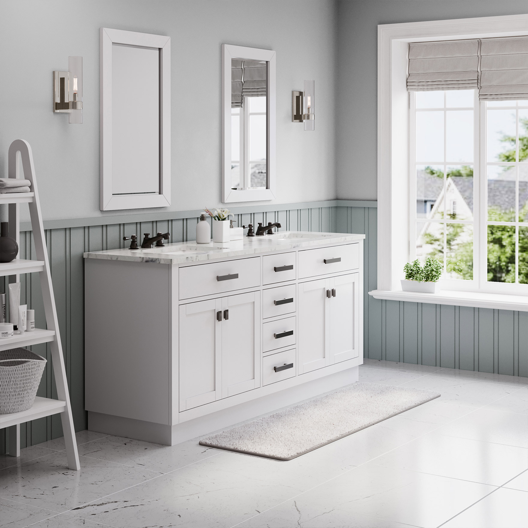 72" Double Sink Carrara White Marble Countertop Bath Vanity in Pure ...