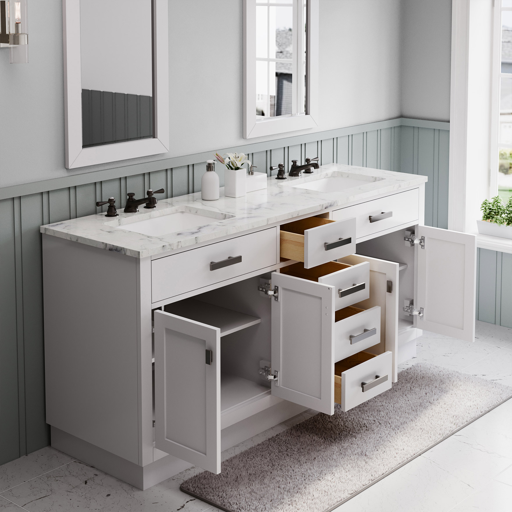 72" Double Sink Carrara White Marble Countertop Bath Vanity in Pure ...