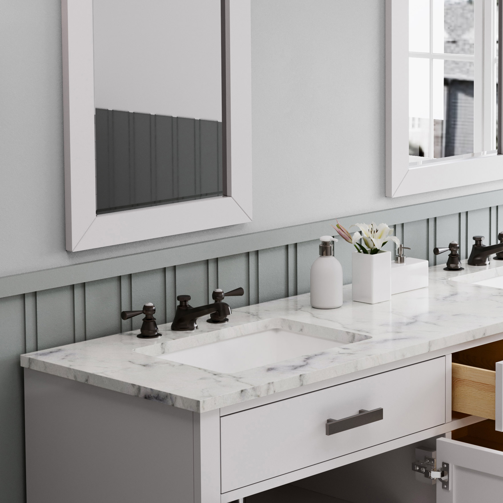 72" Double Sink Carrara White Marble Countertop Bath Vanity in Pure ...