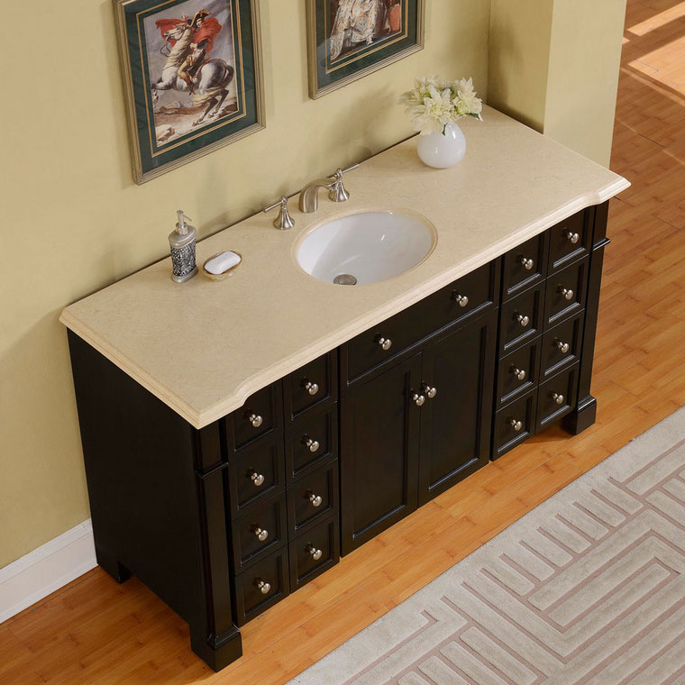 Silkroad 60 Inch Crema Marfil Marble Stone Top Bathroom Double Sink Vanity - Marble Stone Bathroom Vanity Sink