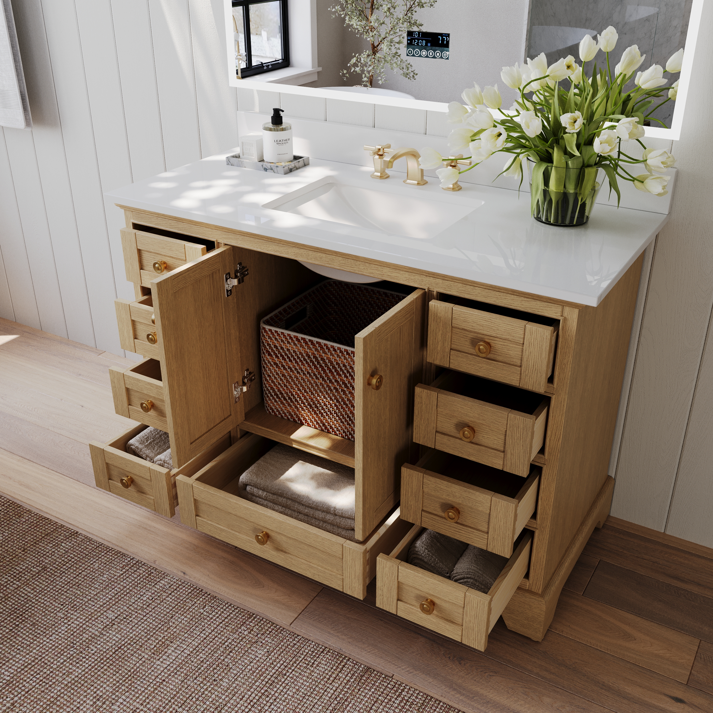 48 in. Bath Vanity in Oak finish with White quartz Vanity Top and White ...
