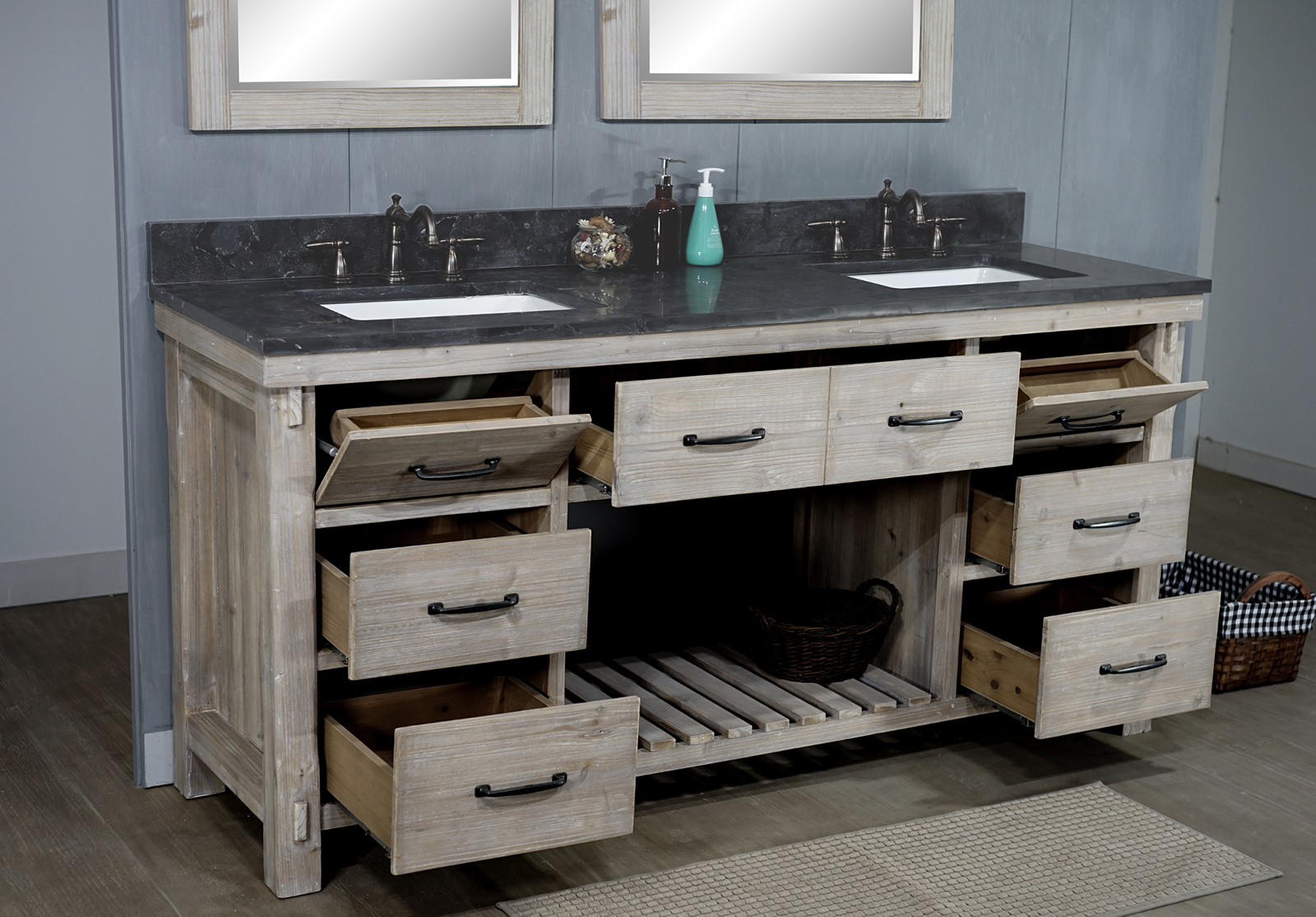 72" Rustic Solid Fir Double Sink Vanity with Rectangular Sink Limestone