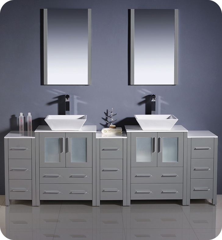 84" Modern Double Sink Bathroom Vanity Vessel Sinks with Color, Faucet and Linen Side Cabinet Option