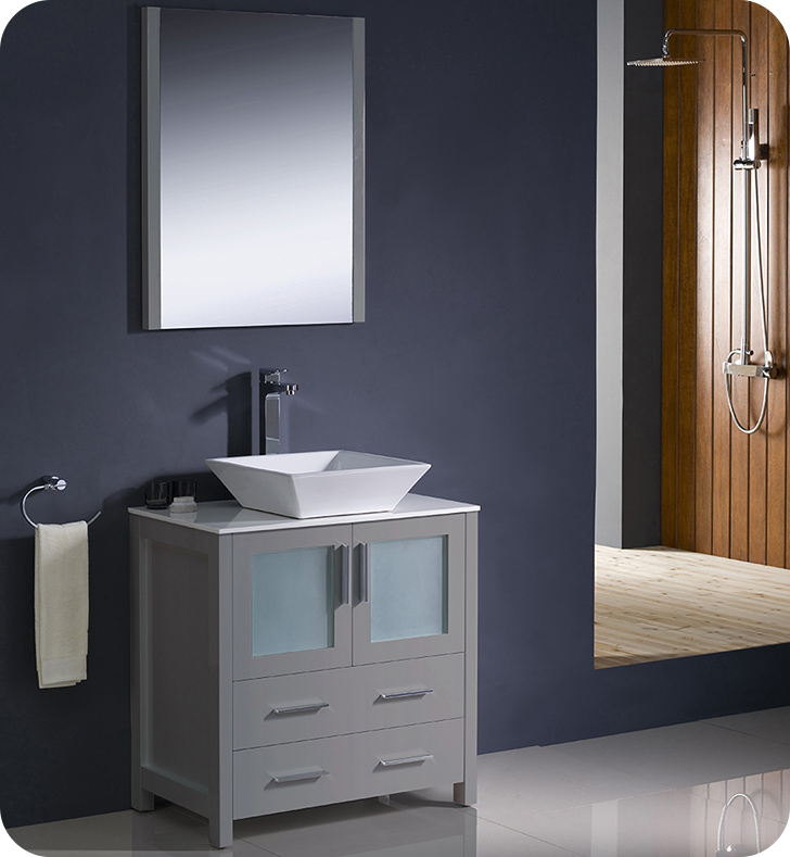 Gray Modern Bathroom Vanity Vessel Sink, 30 Inch Floating Vanity With Vessel Sink And Shower