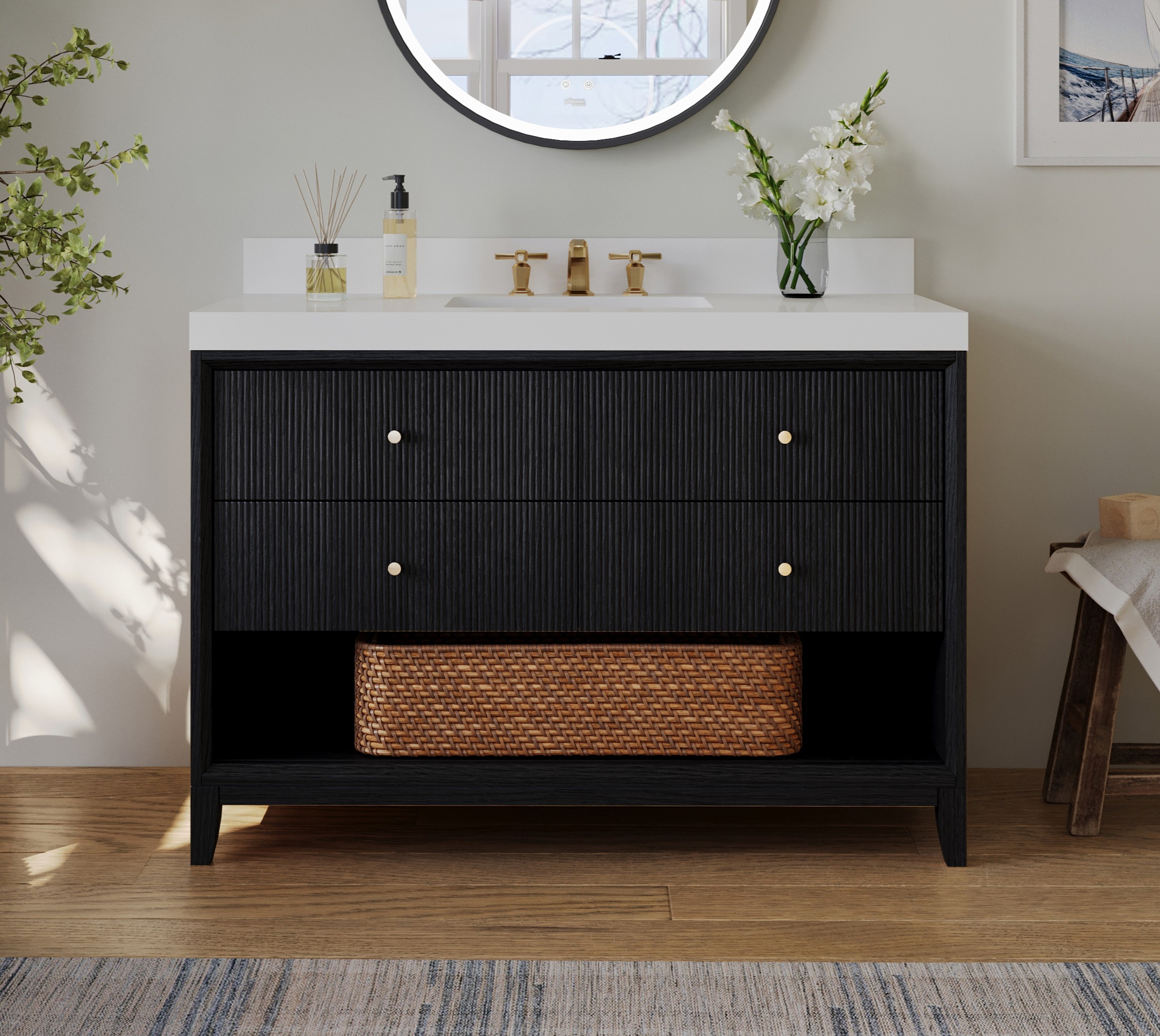 42" Bath Vanity Set in Black Oak Finish with Alpine White Quartz Top 42" Bath Vanity Set in Black Oak Finish with Alpine White Quartz Top