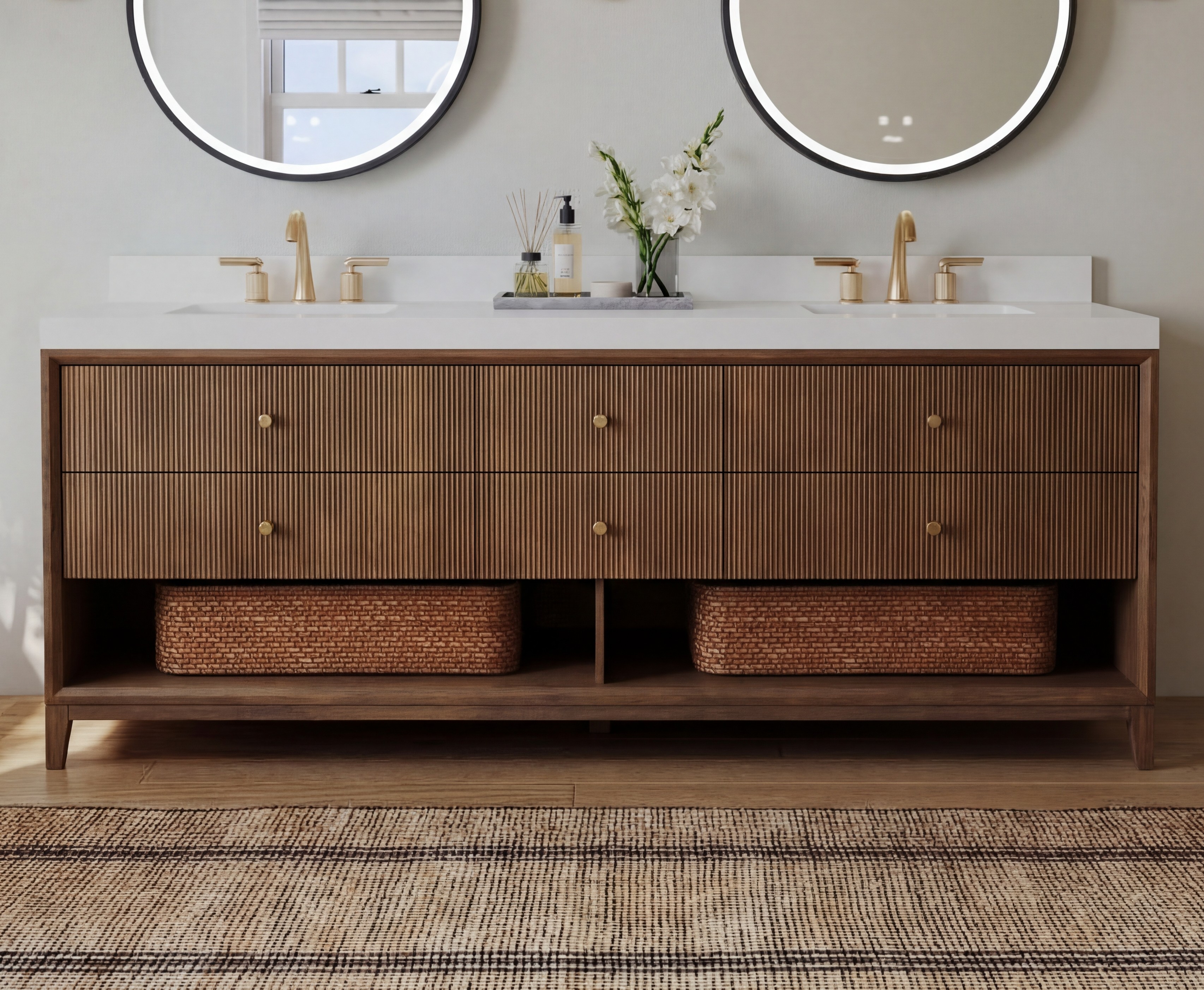 72" Double Bathroom Vanity in Chestnut Oak Finish with Alpine White Quartz Top