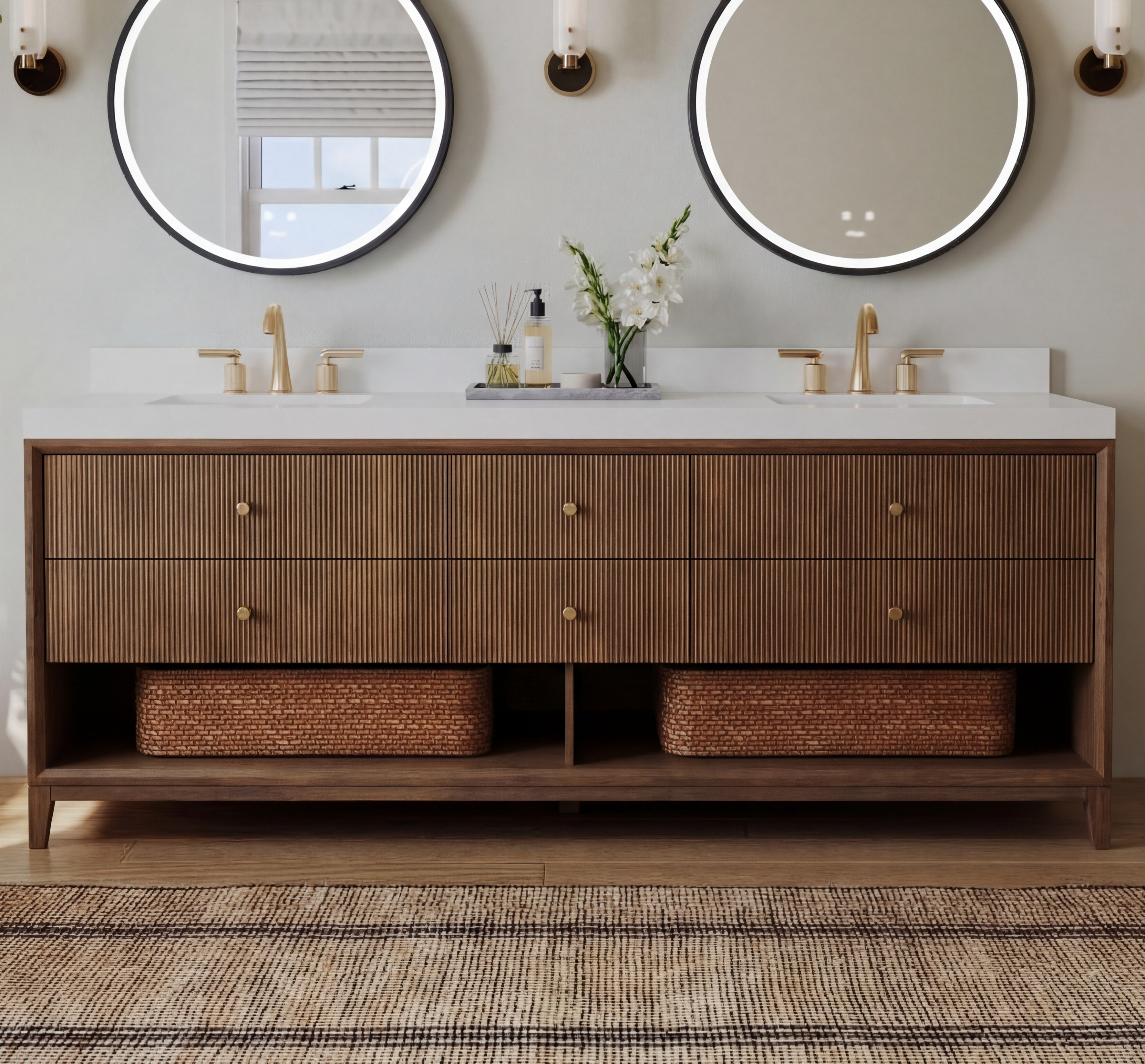 84" Double Bath Vanity Set in Chestnut Oak Finish with Alpine White Quartz Top