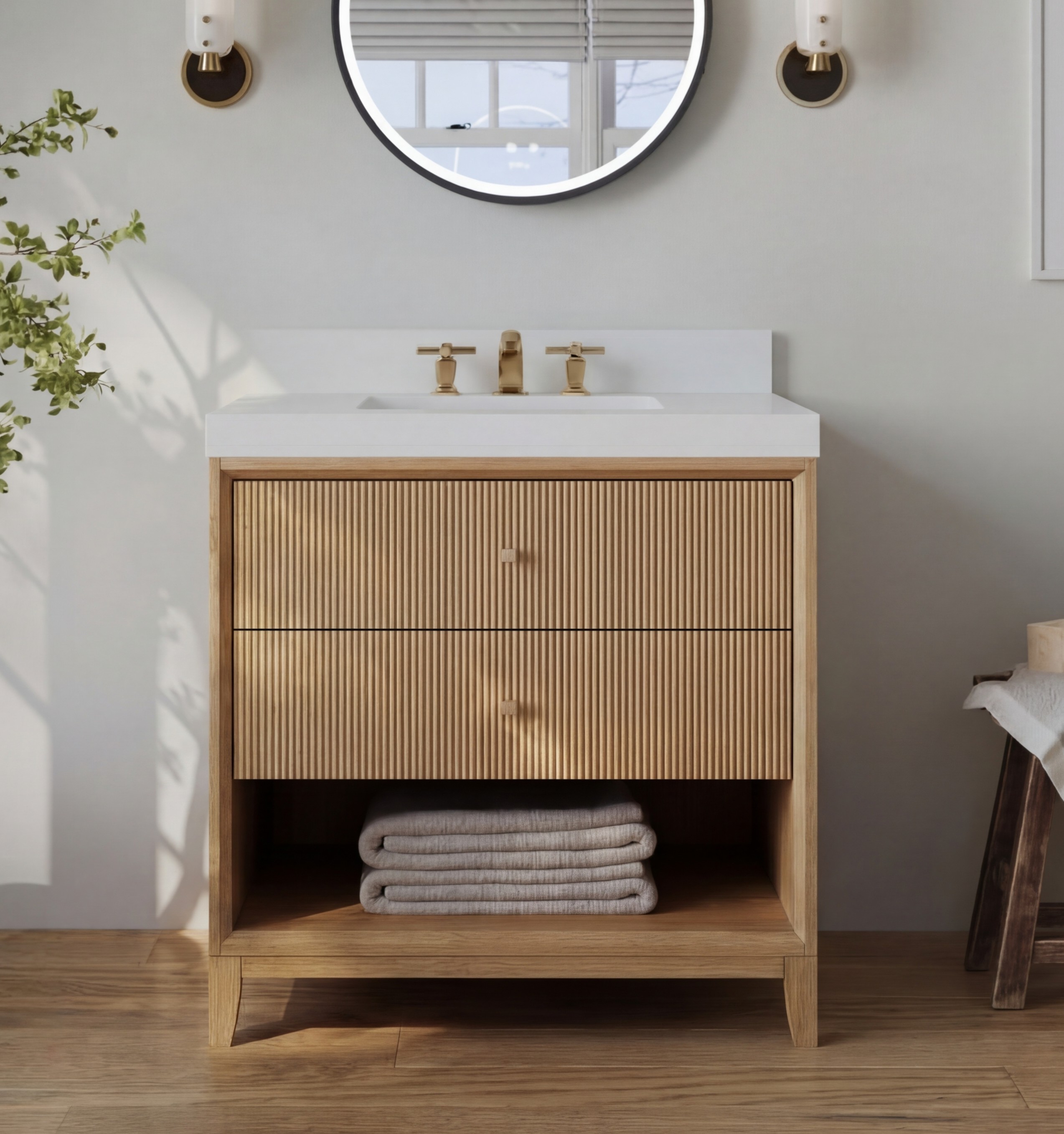 30" Bath Vanity Set in American Oak Finish with Alpine White Quartz Top 30" Bath Vanity Set in American Oak Finish with Alpine White Quartz Top