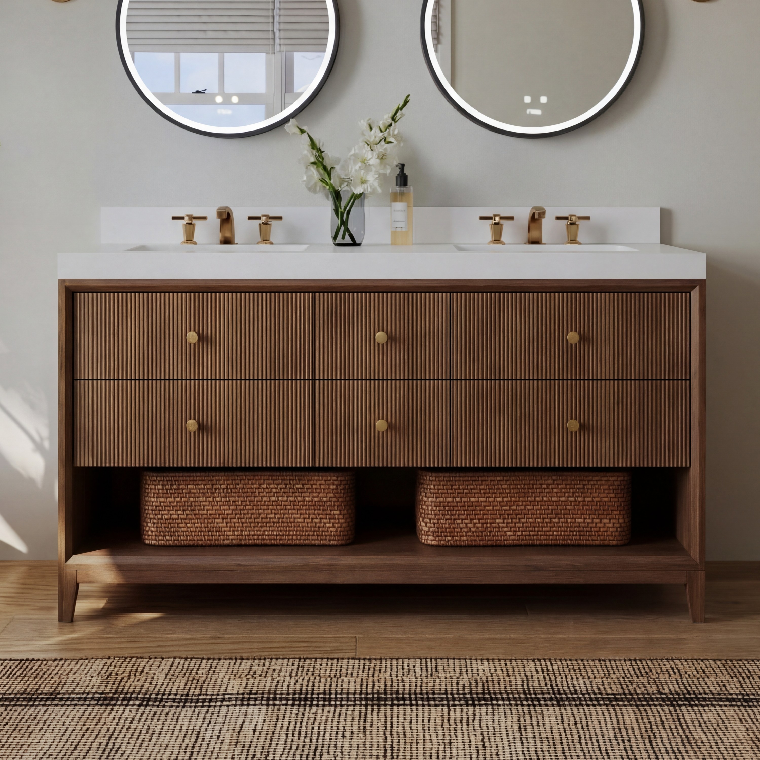 60" Double Bathroom Vanity in Chestnut Oak Finish with Alpine White Quartz Top